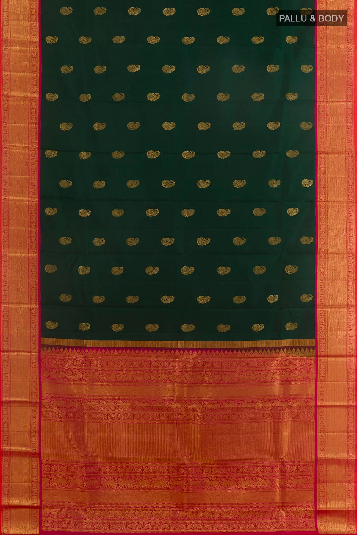 Flat view of Pure Silk Bottle Green Kanjivaram Saree with Zari Butta on the body and Zari Border. 