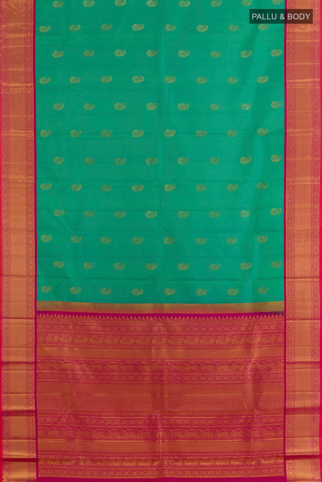 Flat view of Pure Silk Green Kanjivaram Saree with Zari Butta on the body and Zari Border. 