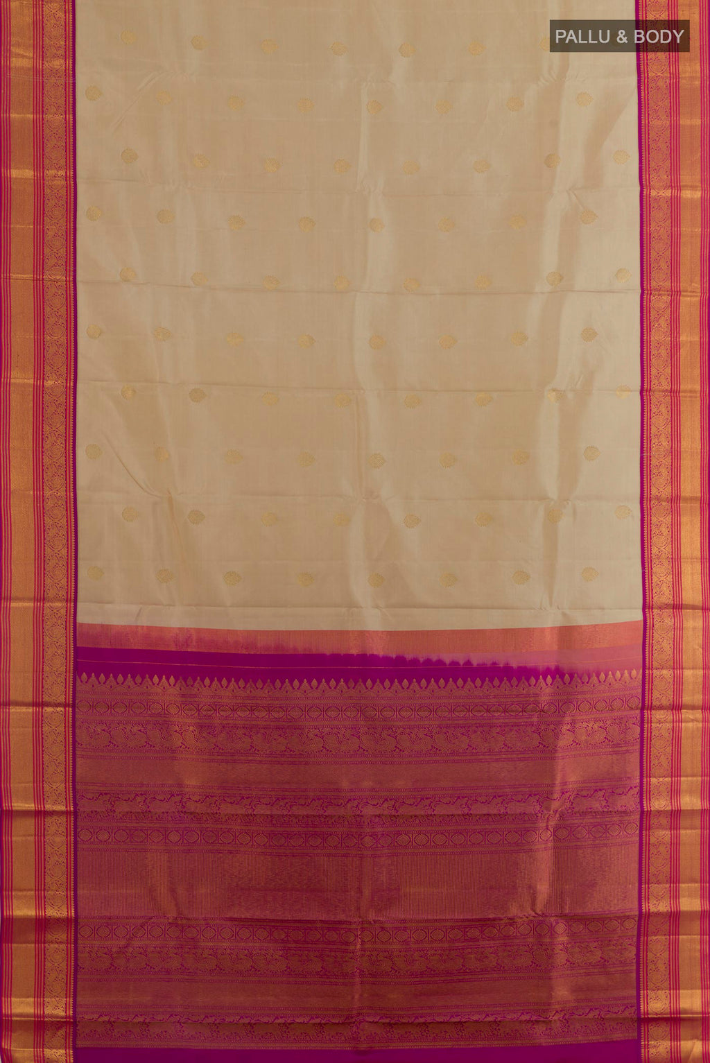 Flat view of Pure Silk Beige Kanjivaram Saree with Zari Butta on the body and Zari Border. 