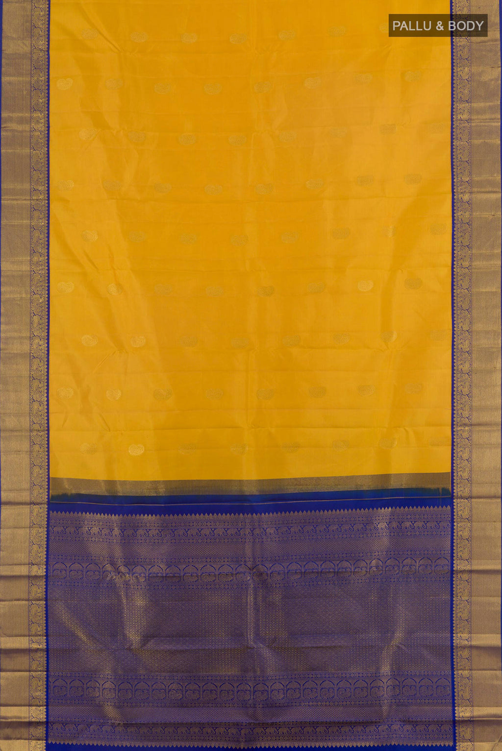 Flat view of Pure Silk Yellow Kanjivaram Saree with Zari Butta on the body and Zari Border. 