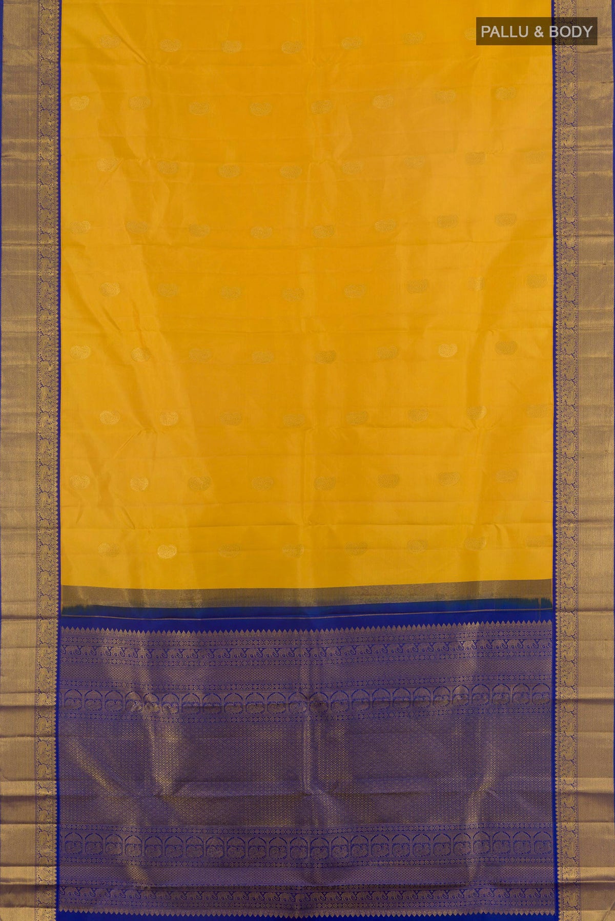 Flat view of Pure Silk Yellow Kanjivaram Saree with Zari Butta on the body and Zari Border. 
