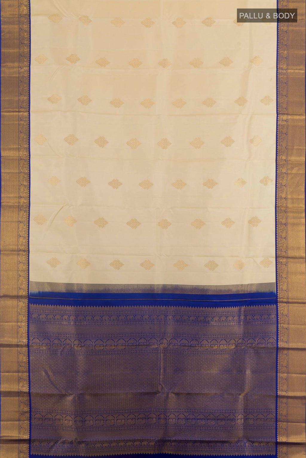Flat view of Pure Silk Cream Kanjivaram Saree with Zari Butta on the body and Zari Border. 
