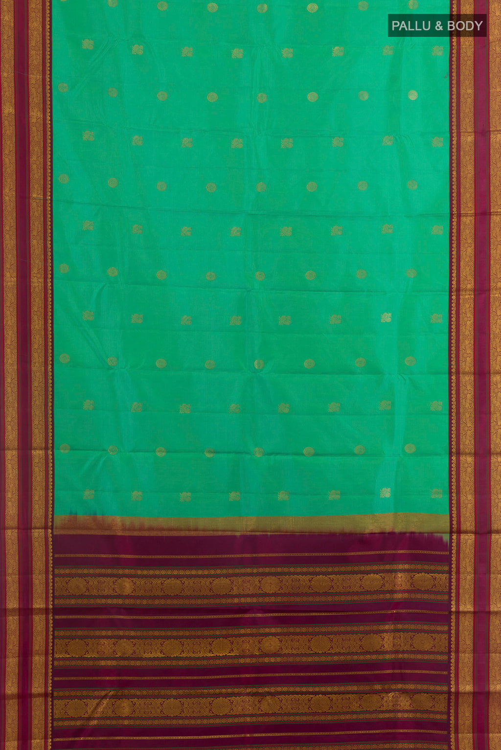 Flat view of Pure Silk Sea Green Kanjivaram Saree with Zari Butta on the body and Zari Border. 