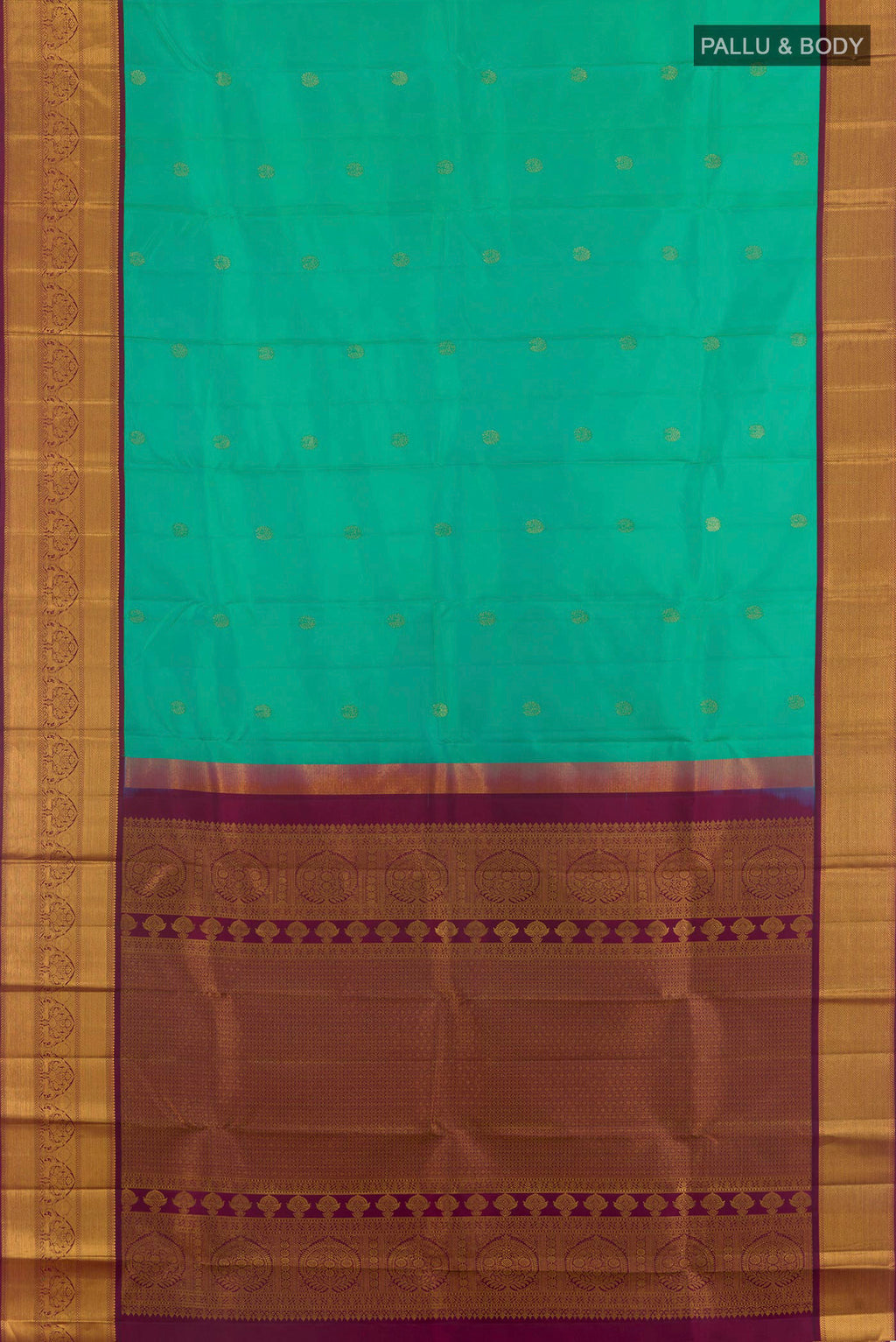 Flat view of Pure Silk Sea Green Kanjivaram Saree with Zari Butta on the body and Zari Border. 