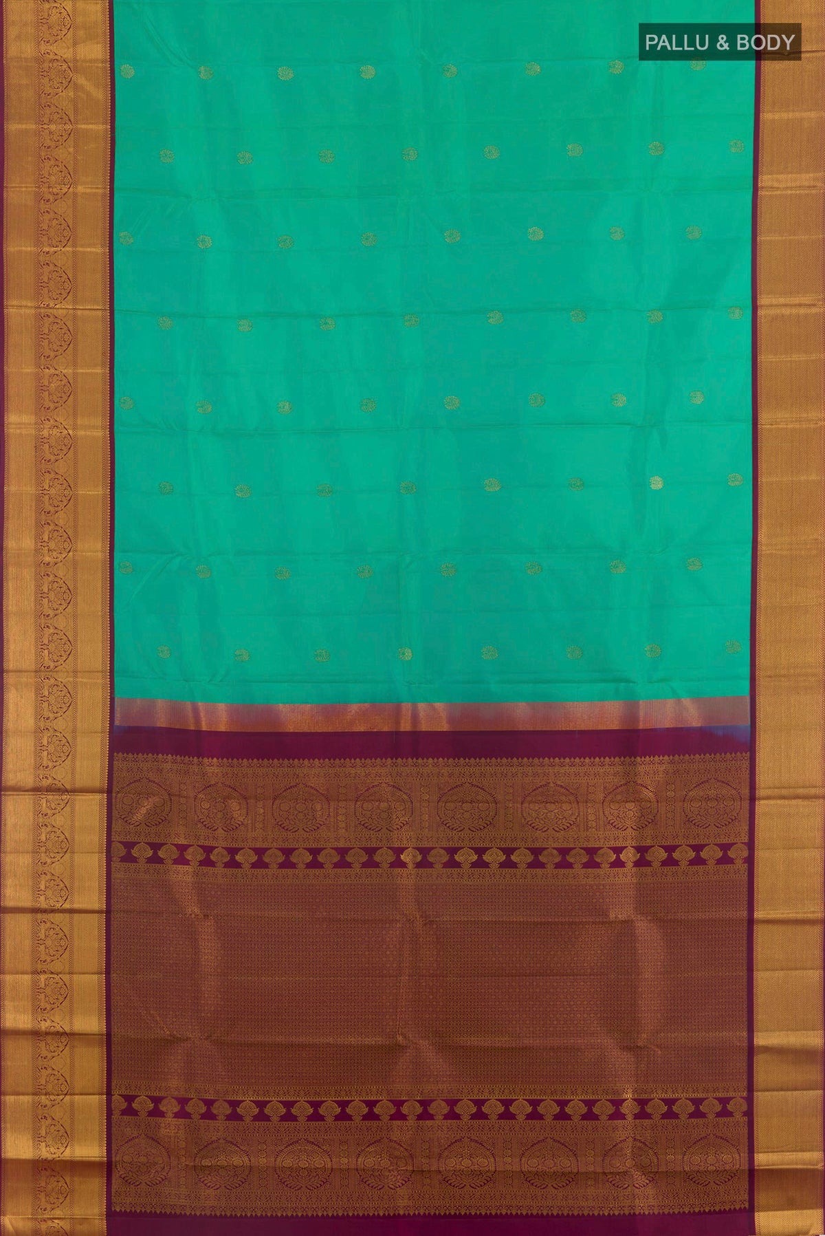 Flat view of Pure Silk Sea Green Kanjivaram Saree with Zari Butta on the body and Zari Border. 
