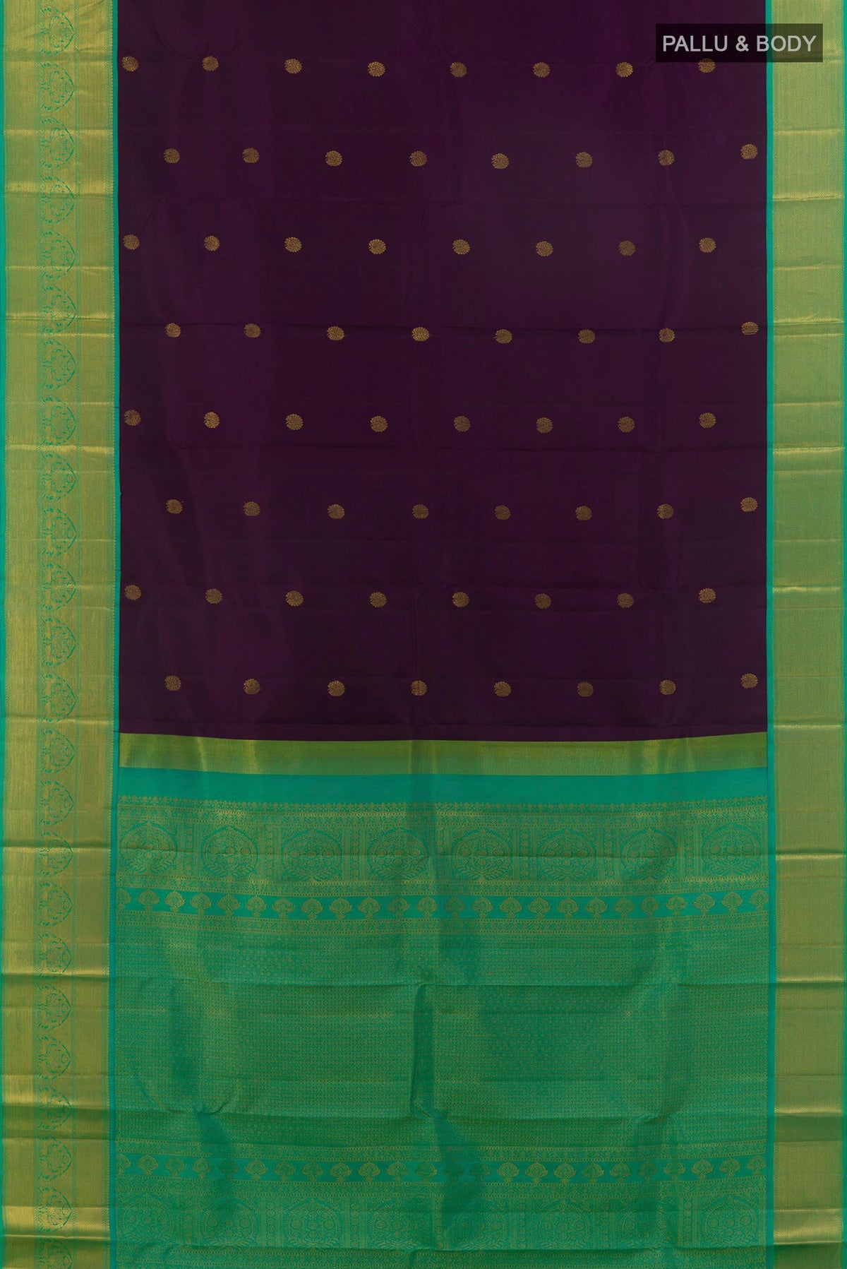 Flat view of Pure Silk Purple Kanjivaram Saree with Zari Butta on the body and Zari Border. 