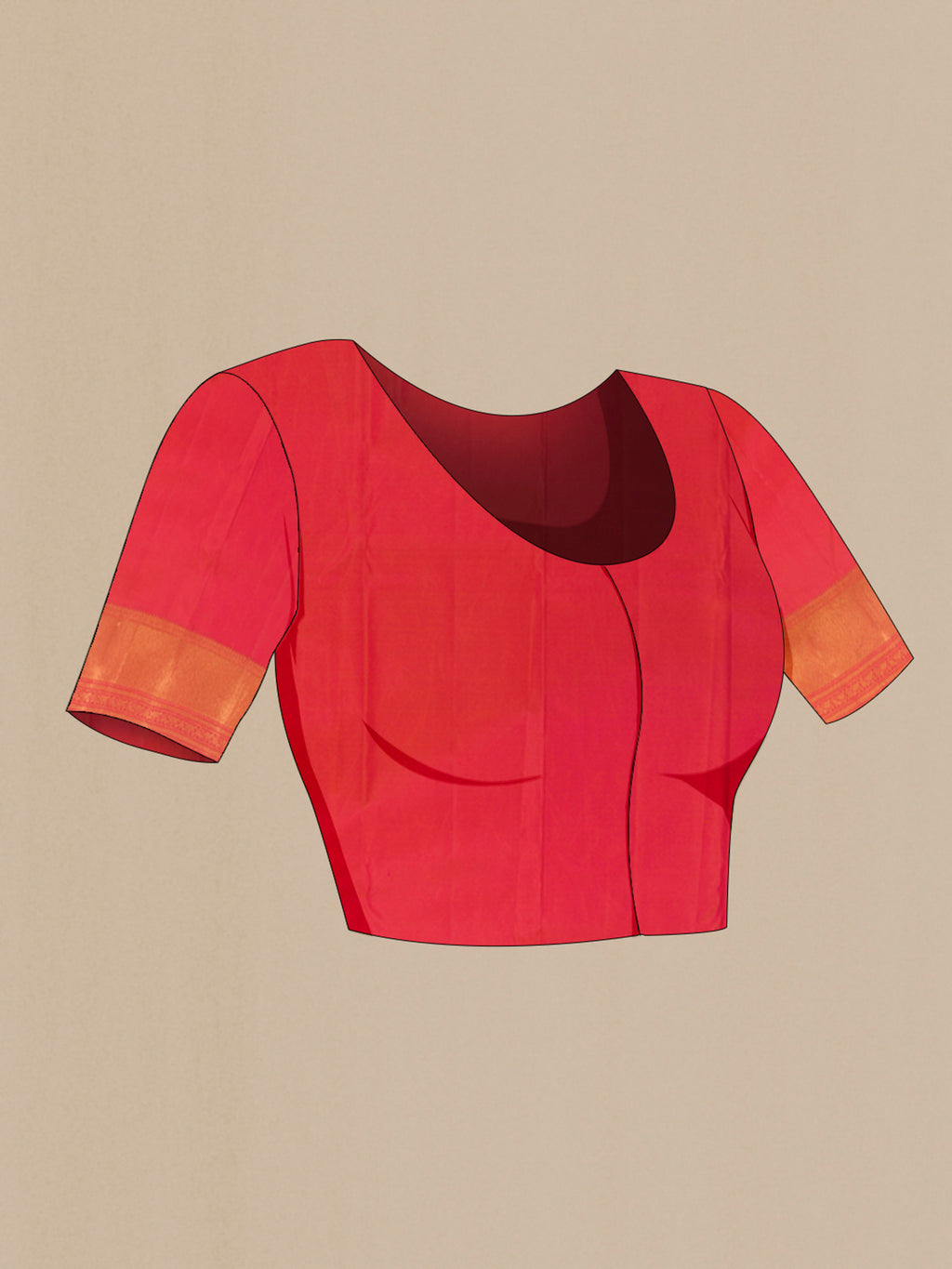 Close up image of the blouse of Pure Silk Orange Kanjivaram Saree with Zari Brocade on the body and Zari Border. 