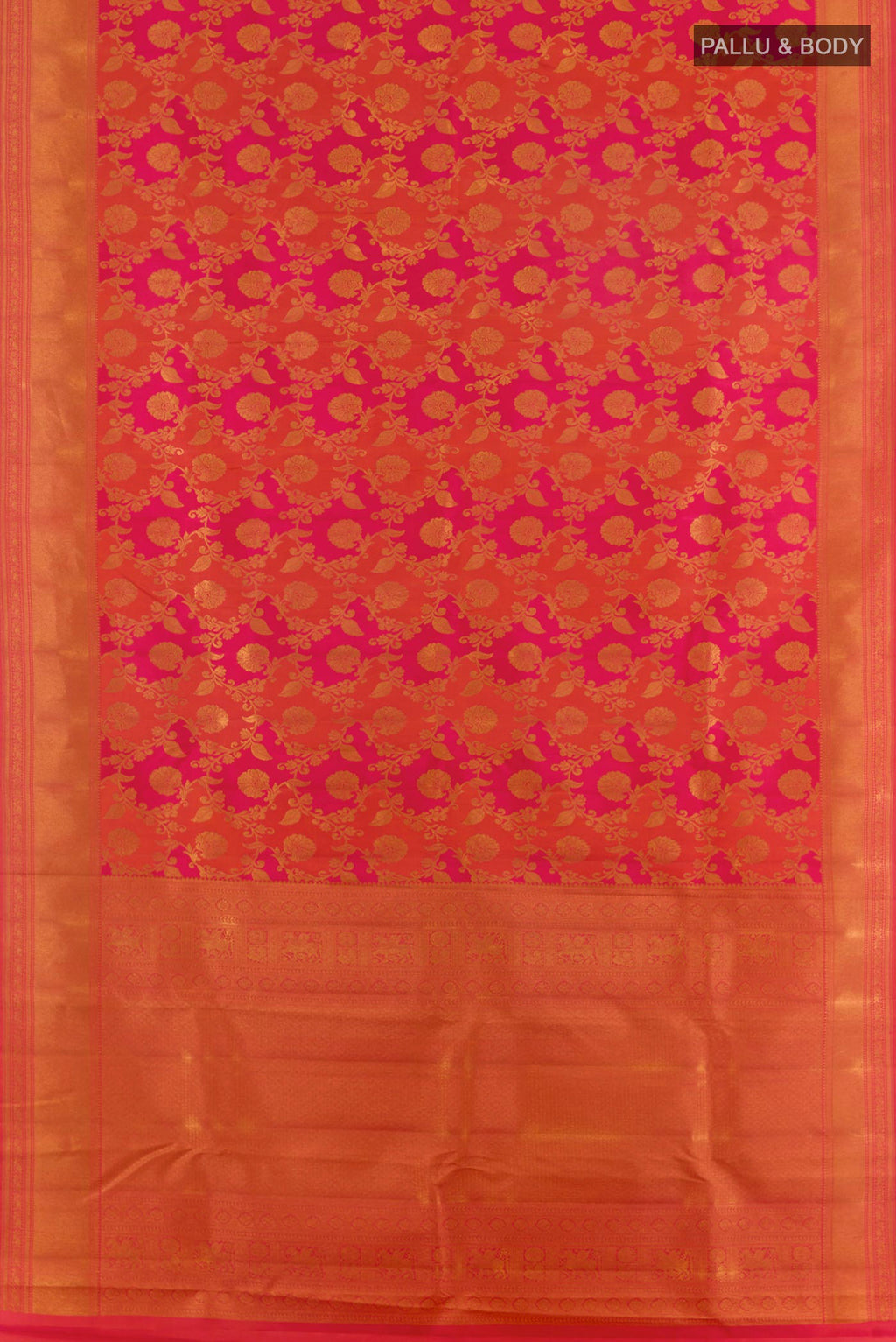 Flat view of Pure Silk Orange Kanjivaram Saree with Zari Brocade on the body and Zari Border. 
