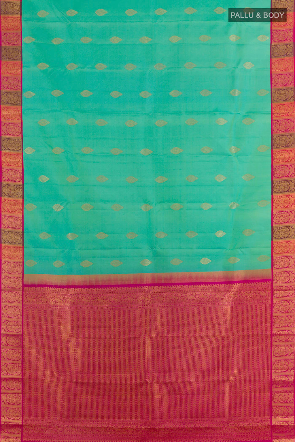 Flat view of Pure Silk Green Kanchipuram Saree with Zari Butta on the body and Zari Border. 