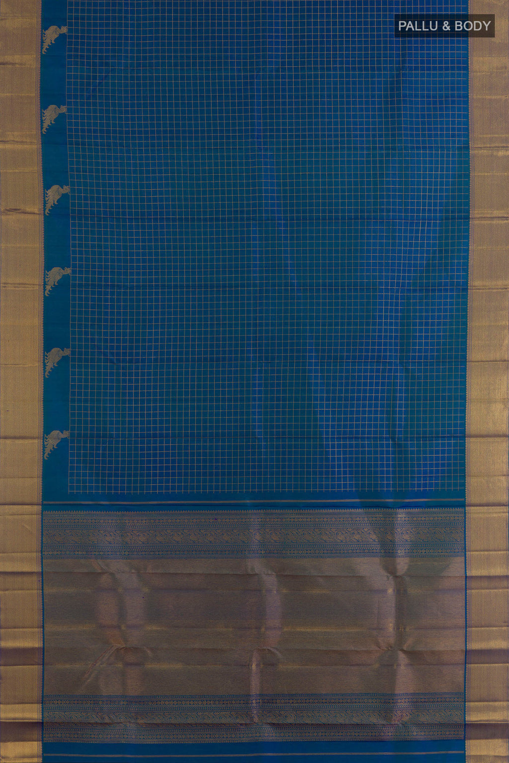 Flat view of Pure Silk Peacock Blue Kanchipuram Saree with Checked design on the body and Zari Border. 