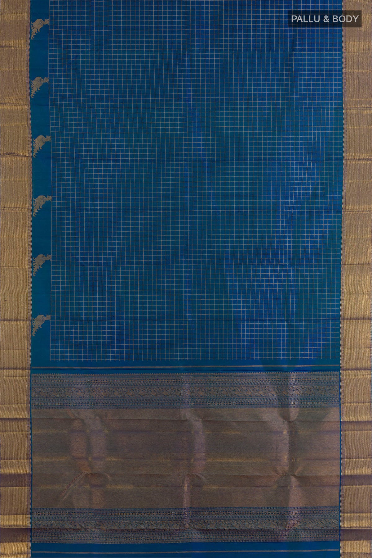 Flat view of Pure Silk Peacock Blue Kanchipuram Saree with Checked design on the body and Zari Border. 