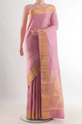 Pure Silk Pink Kanchipuram Saree with Checked design on the body and Zari Border.  displayed on a mannequin