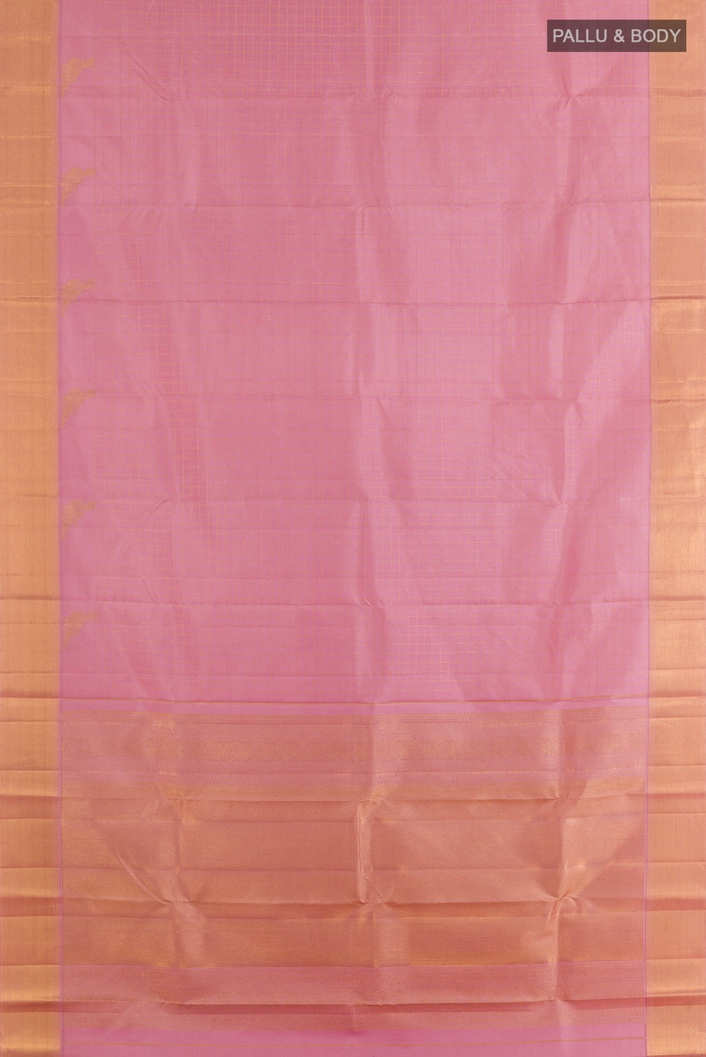 Flat view of Pure Silk Pink Kanchipuram Saree with Checked design on the body and Zari Border. 