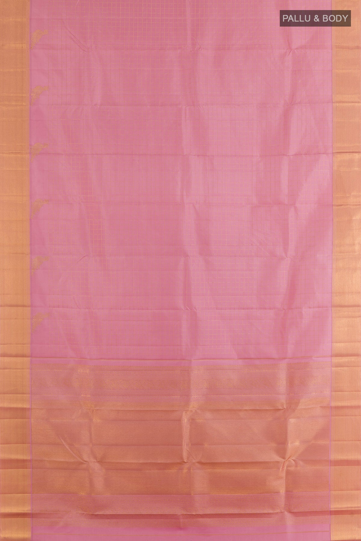 Flat view of Pure Silk Pink Kanchipuram Saree with Checked design on the body and Zari Border. 