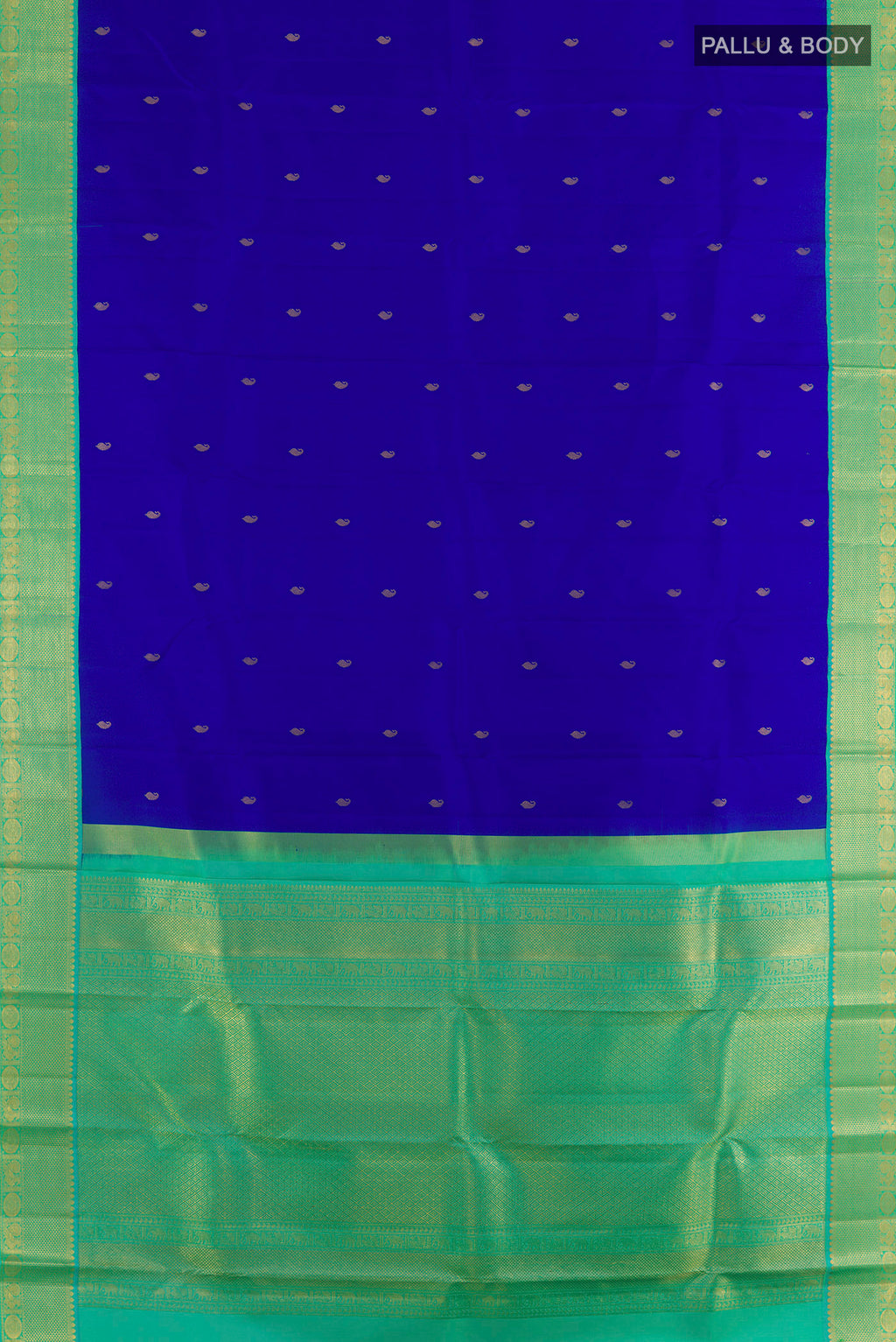 Flat view of Pure Silk Royal Blue Kanchipuram Saree with Zari Butta on the body and Zari Border. 