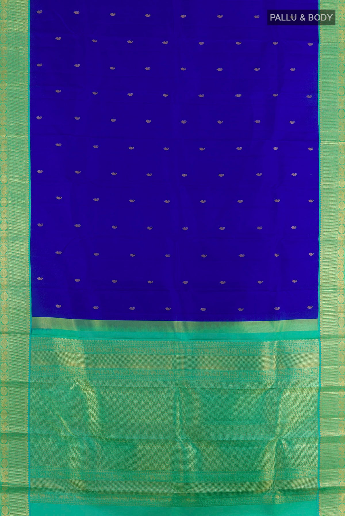 Flat view of Pure Silk Royal Blue Kanchipuram Saree with Zari Butta on the body and Zari Border. 