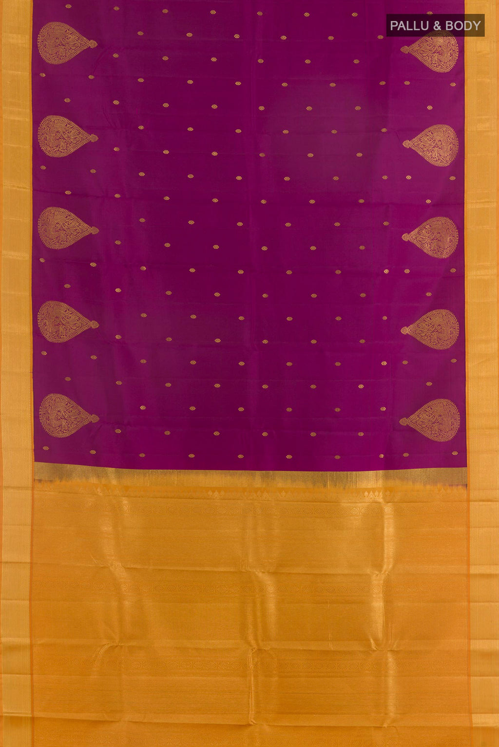 Flat view of Pure Silk Magenta Kanchipuram Saree with Zari Butta on the body and Zari Border. 