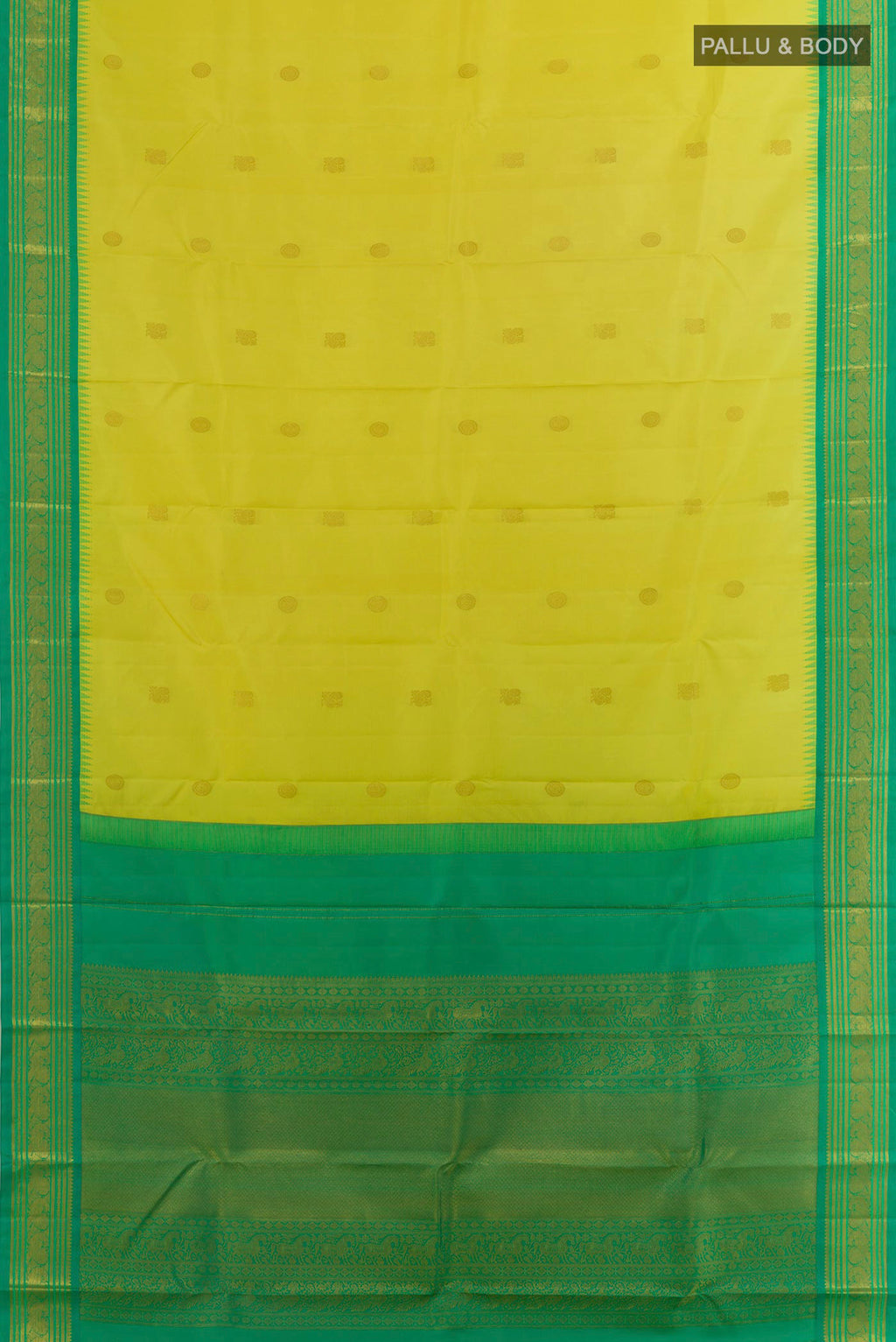 Flat view of Pure Silk Yellow Kanchipuram Saree with Zari Butta on the body and Zari Border. 