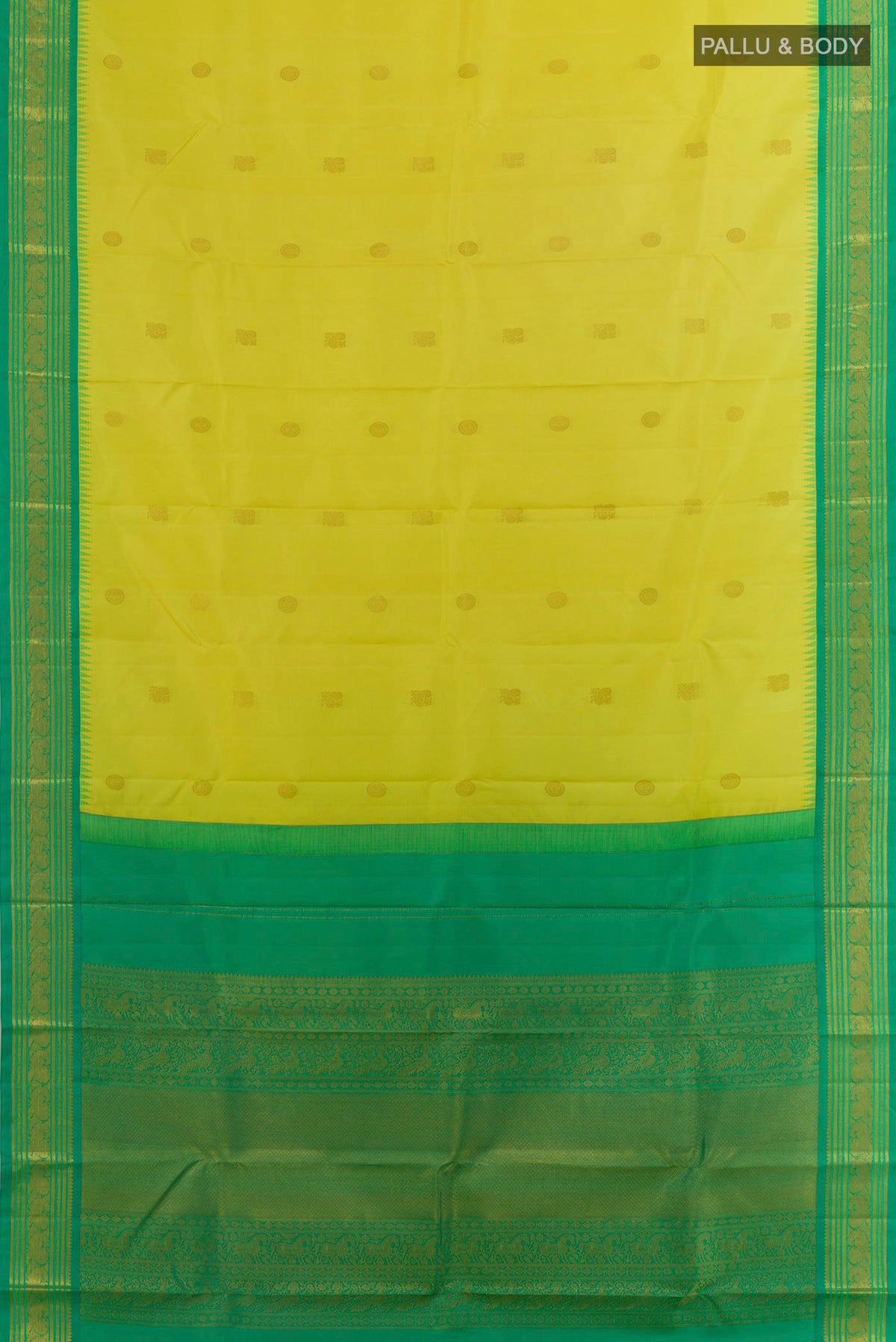 Flat view of Pure Silk Yellow Kanchipuram Saree with Zari Butta on the body and Zari Border. 