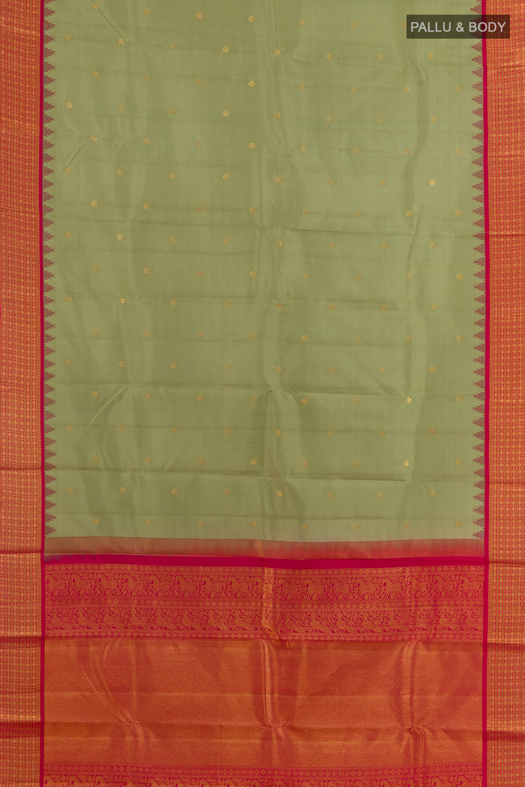 Flat view of Pure Silk Sage Green Kanchipuram Saree with Zari Butta on the body and Zari Border. 