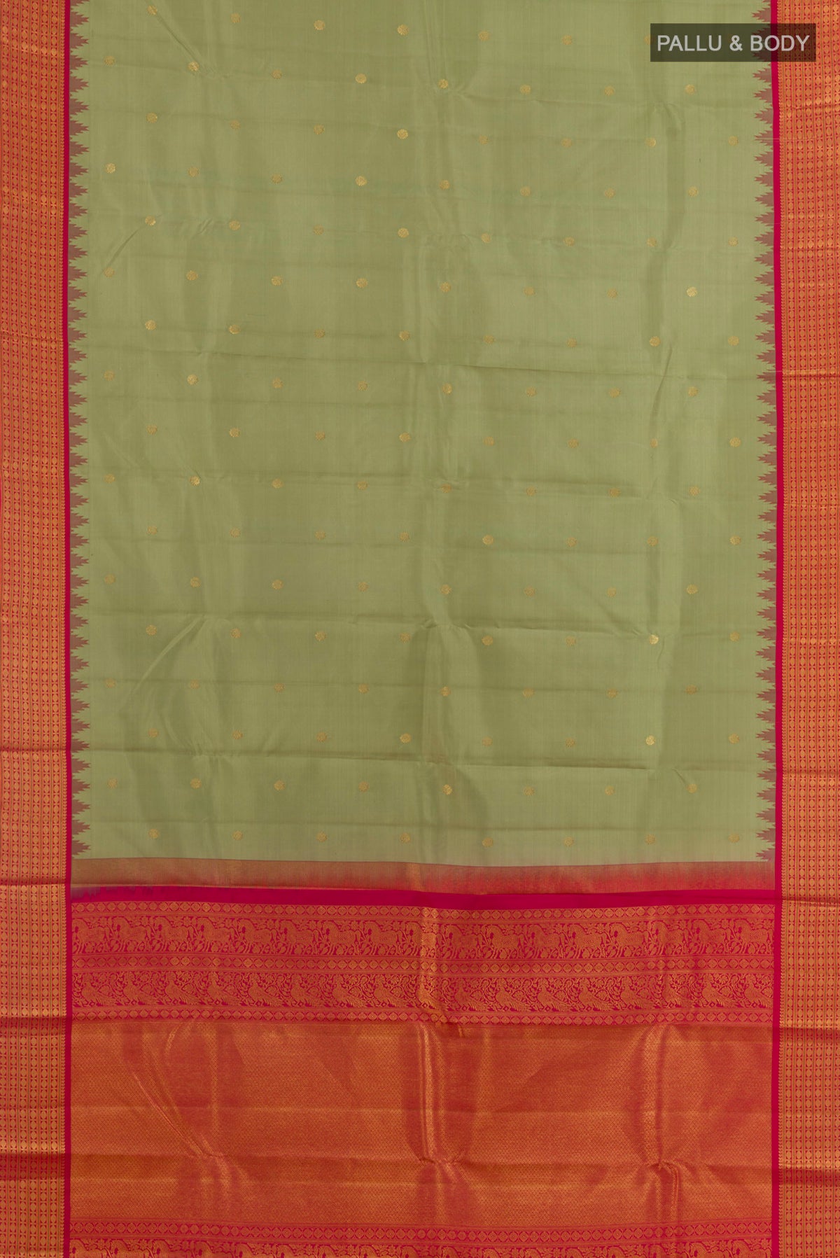 Flat view of Pure Silk Sage Green Kanchipuram Saree with Zari Butta on the body and Zari Border. 