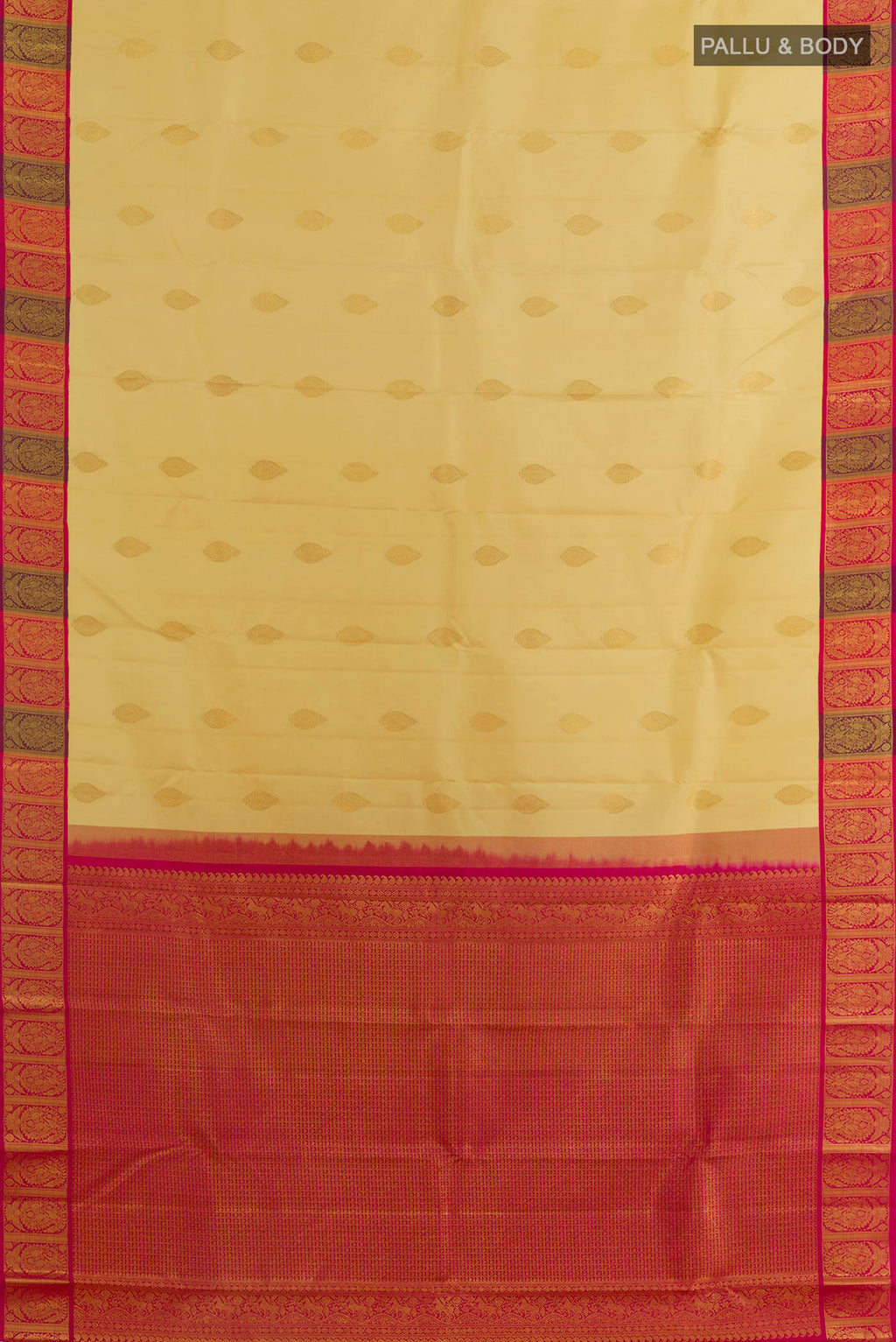 Flat view of Pure Silk Sandal Kanchipuram Saree with Zari Butta on the body and Zari Border. 