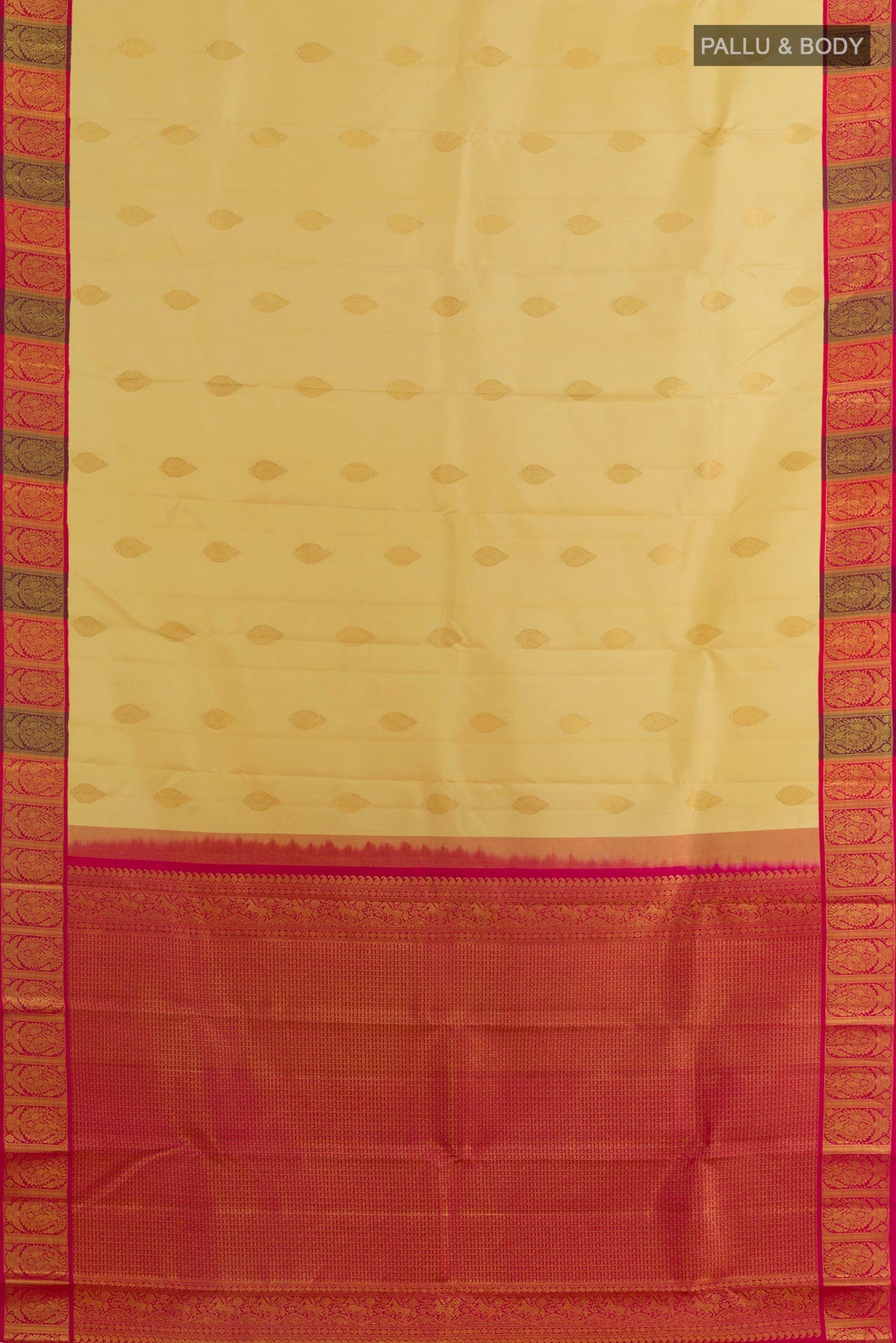 Flat view of Pure Silk Sandal Kanchipuram Saree with Zari Butta on the body and Zari Border. 
