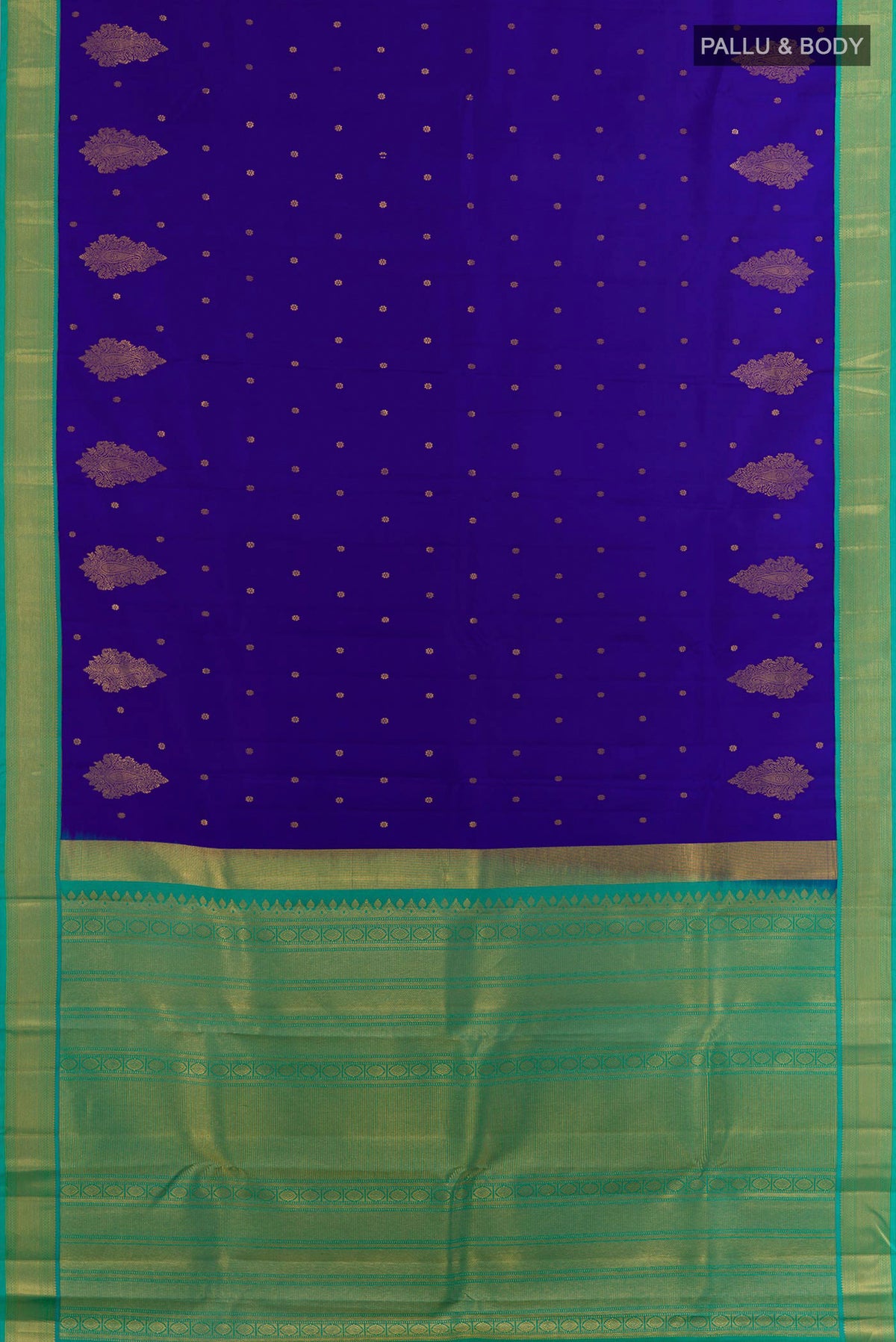 Flat view of Pure Silk Royal Blue Kanchipuram Saree with Zari Butta on the body and Zari Border. 