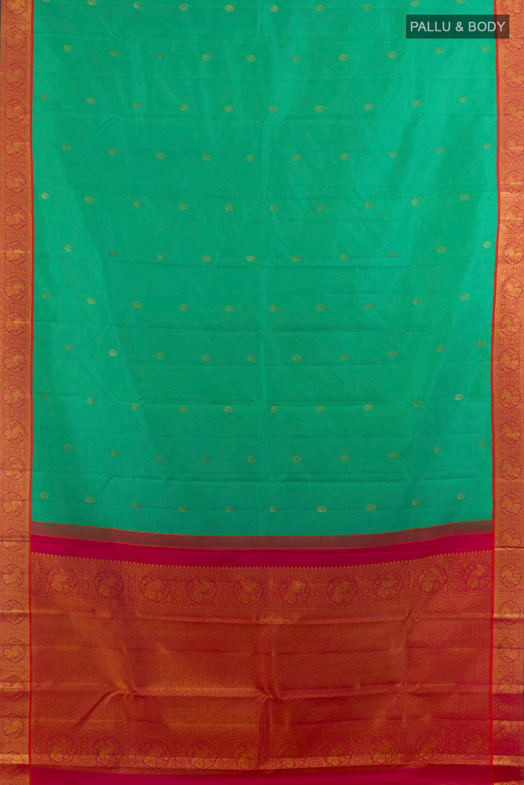 Flat view of Pure Silk Green Kanchipuram Saree with Zari Butta on the body and Zari Border. 