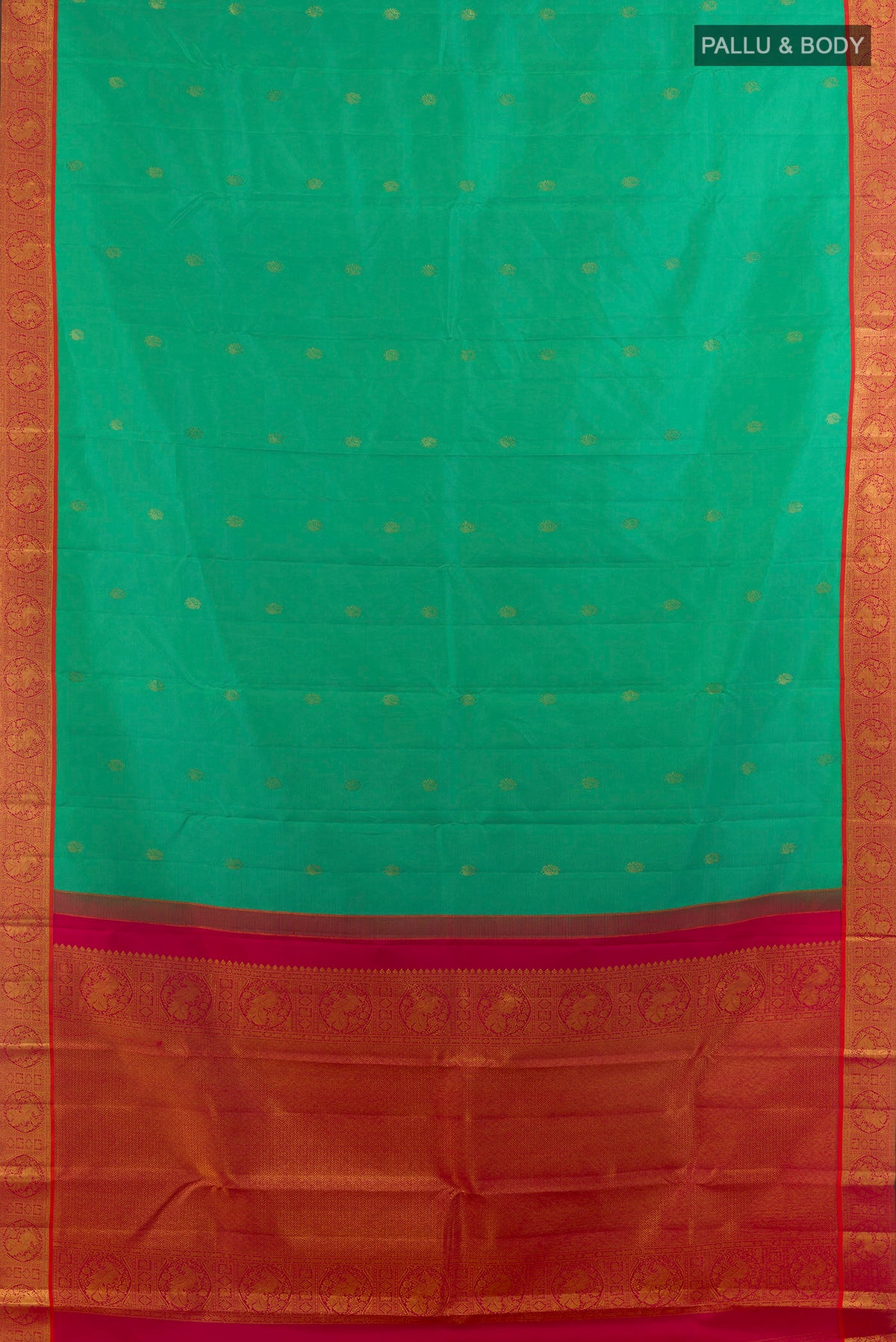 Flat view of Pure Silk Green Kanchipuram Saree with Zari Butta on the body and Zari Border. 