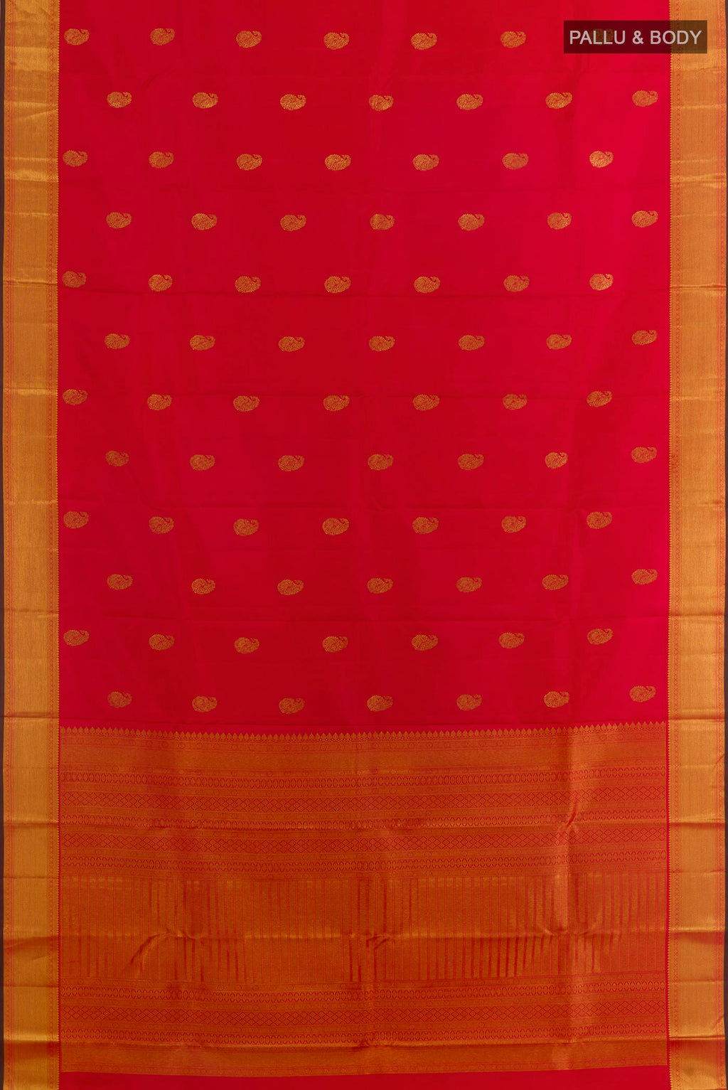 Flat view of Pure Silk Red Kanchipuram Saree with Zari Butta on the body and Zari Border. 