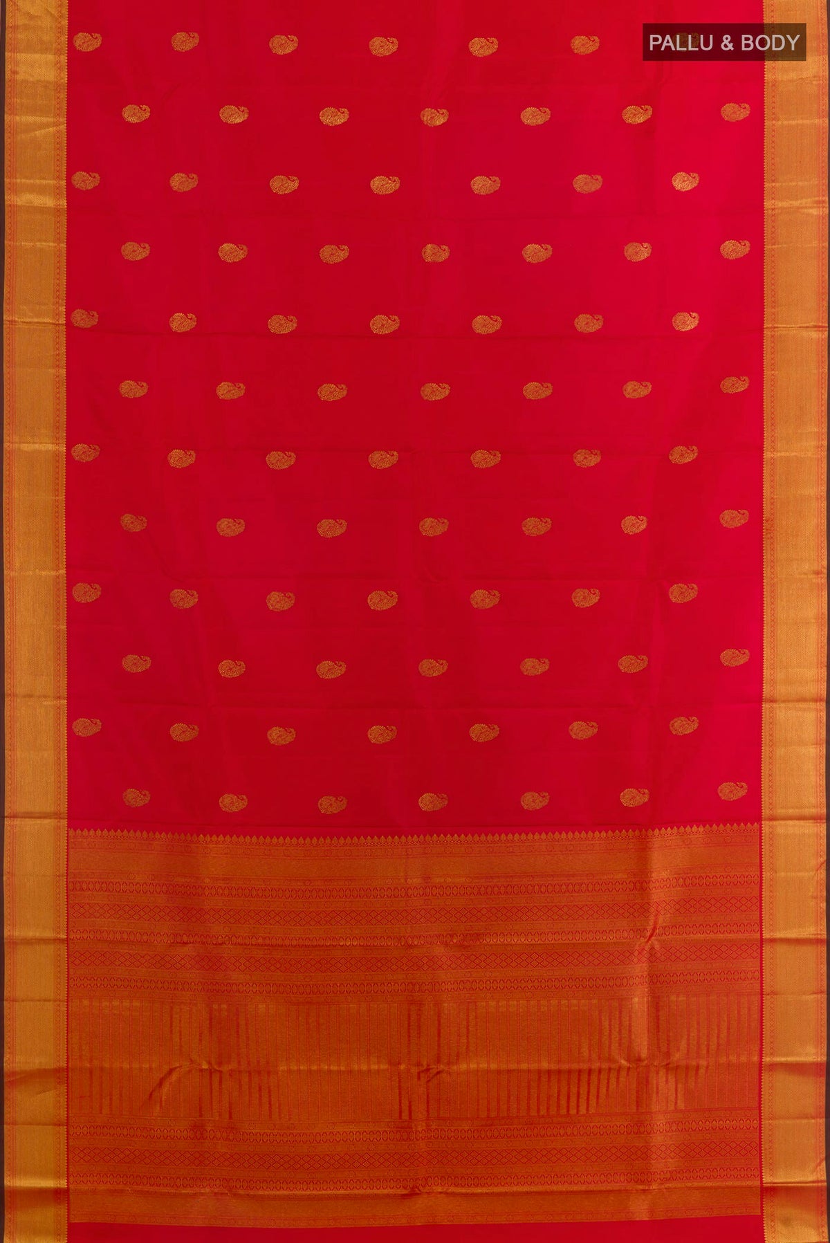 Flat view of Pure Silk Red Kanchipuram Saree with Zari Butta on the body and Zari Border. 
