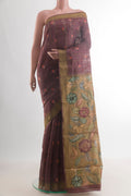 Brown Tussar Saree with Embroidery on the body and Embroidery Border.  displayed on a mannequin