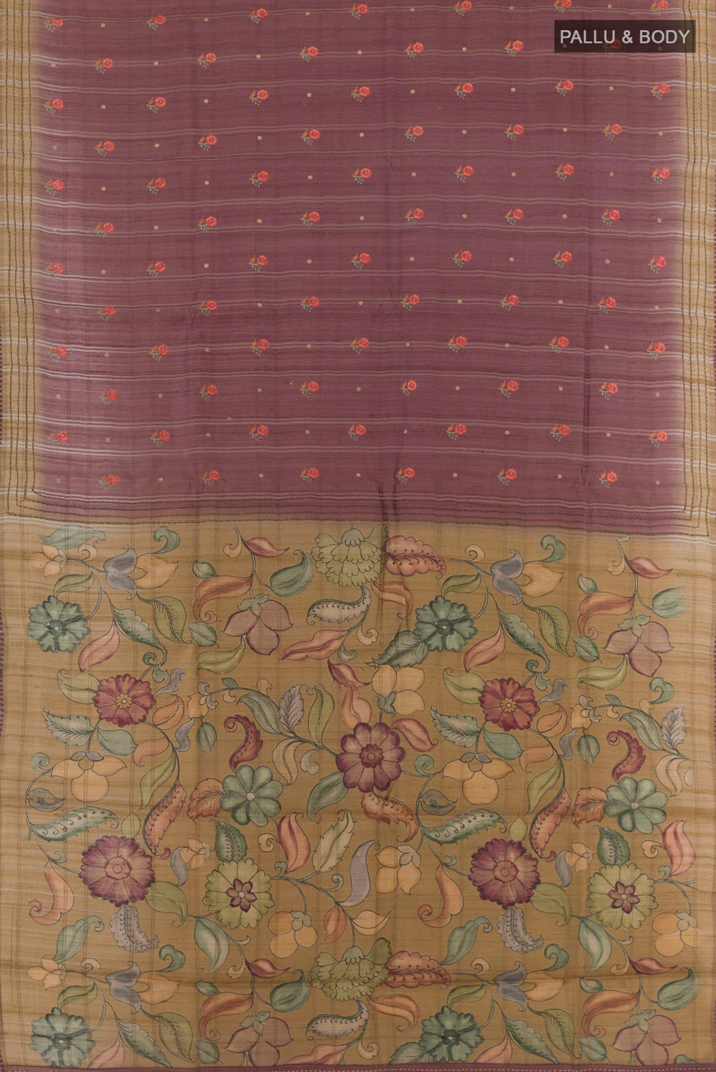 Flat view of Brown Tussar Saree with Embroidery on the body and Embroidery Border. 