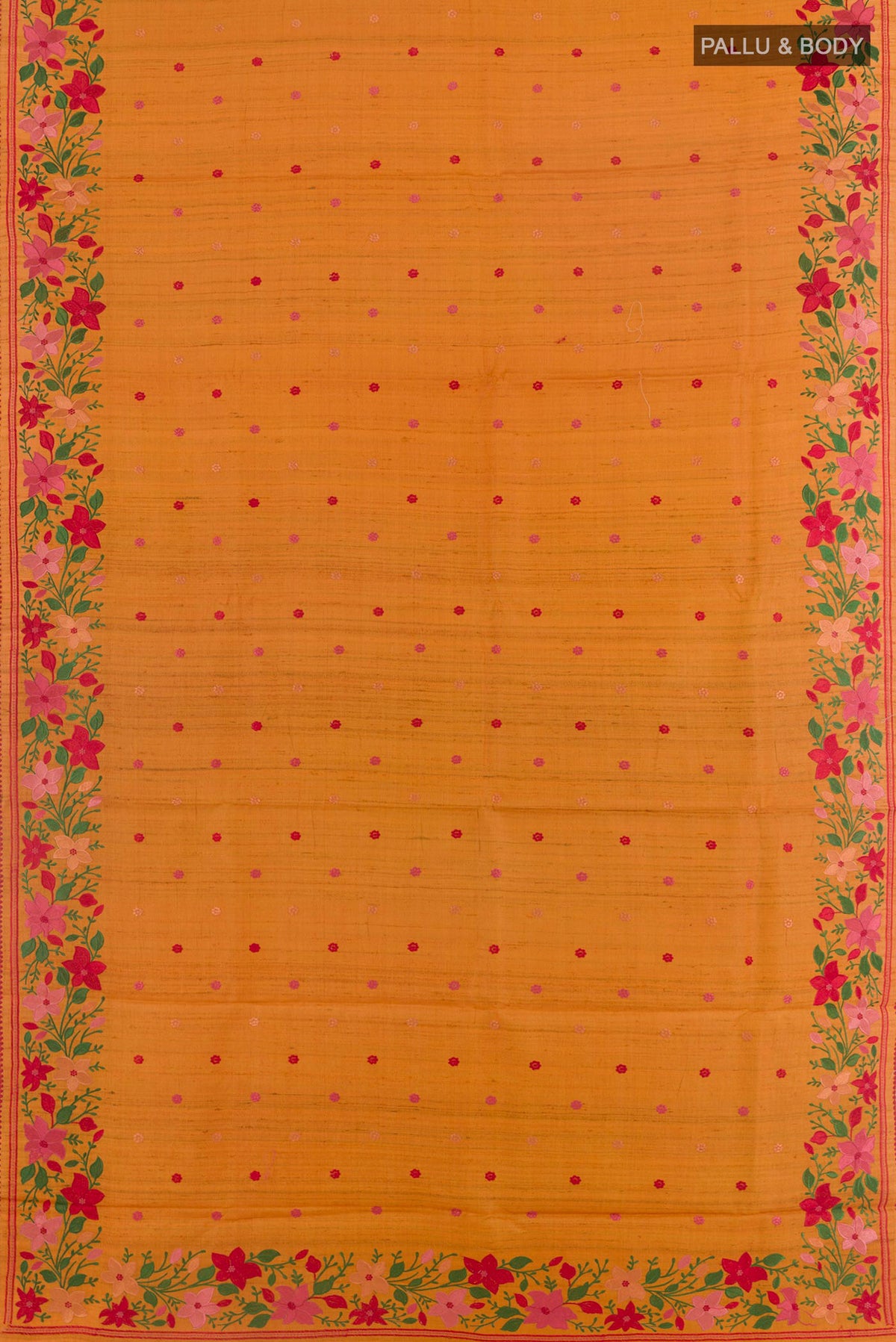 Flat view of Yellow Tussar Saree with Embroidery on the body and Embroidery Border. 
