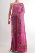 Pink Tussar Saree with Embroidery on the body and Embroidery Border.  displayed on a mannequin
