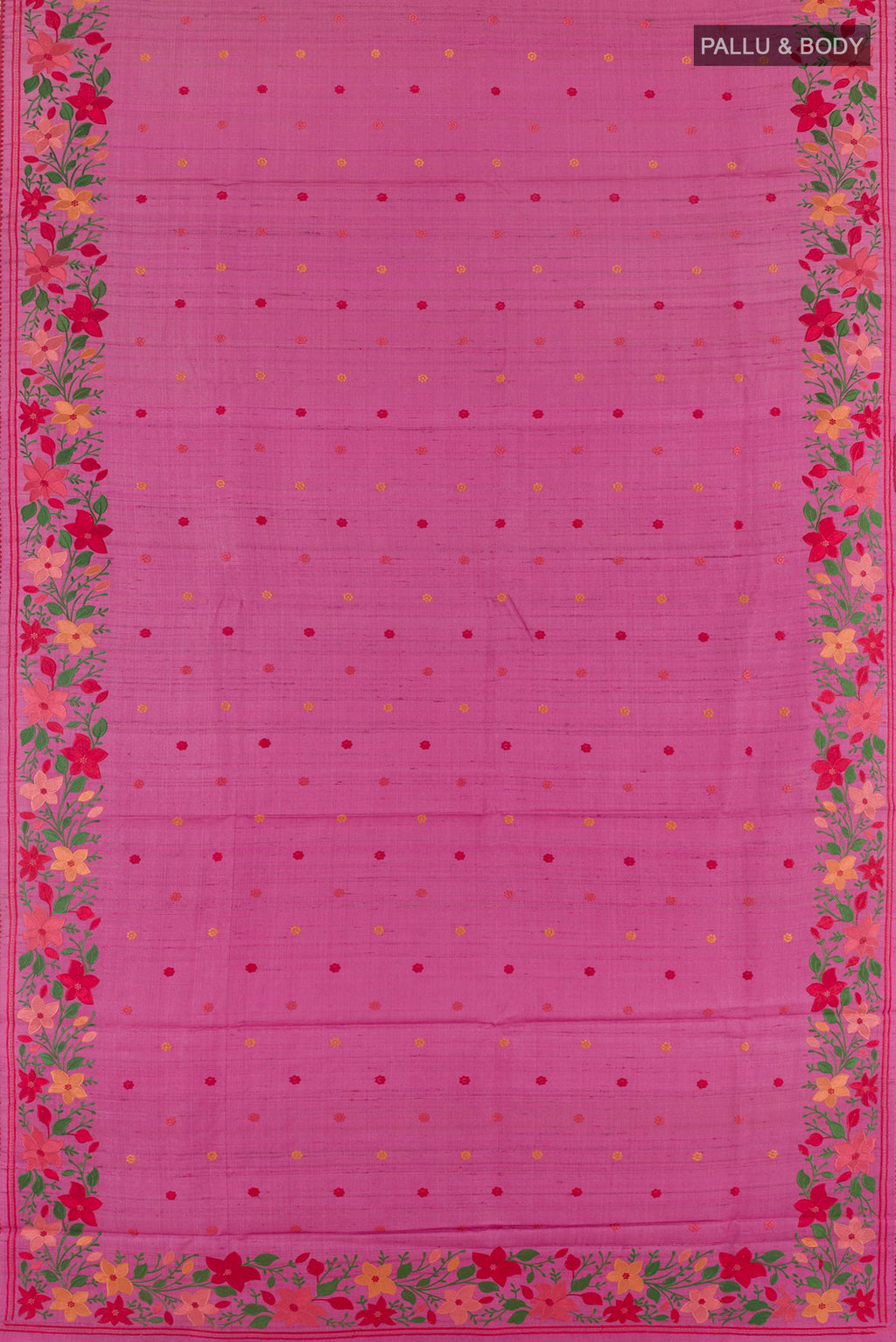 Flat view of Pink Tussar Saree with Embroidery on the body and Embroidery Border. 