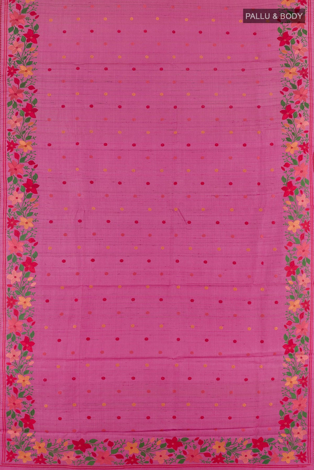 Flat view of Pink Tussar Saree with Embroidery on the body and Embroidery Border. 