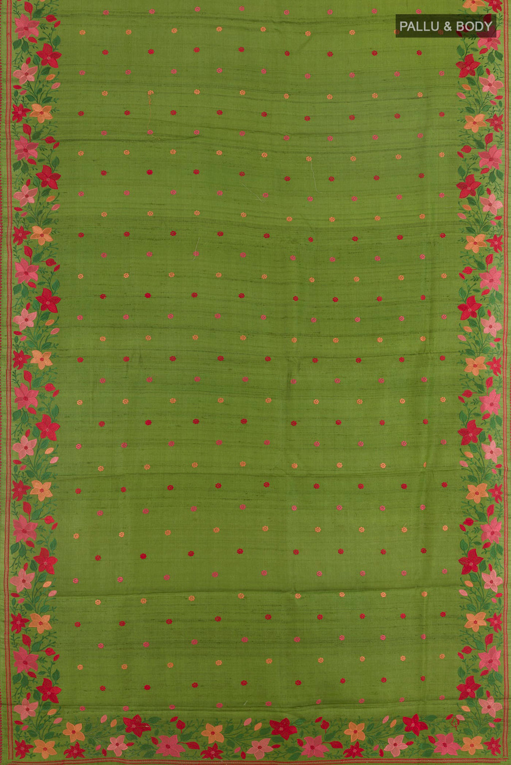 Flat view of Mehandi Green Tussar Saree with Embroidery on the body and Embroidery Border. 