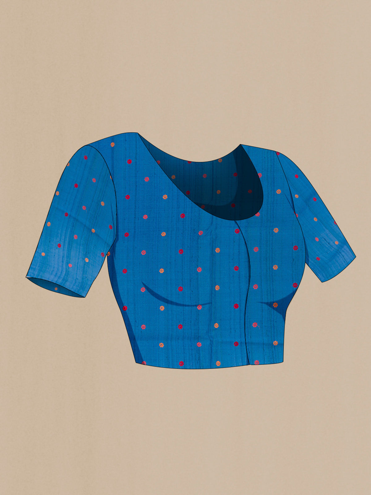 Close up image of the blouse of Blue Tussar Saree with Embroidery on the body and Embroidery Border. 