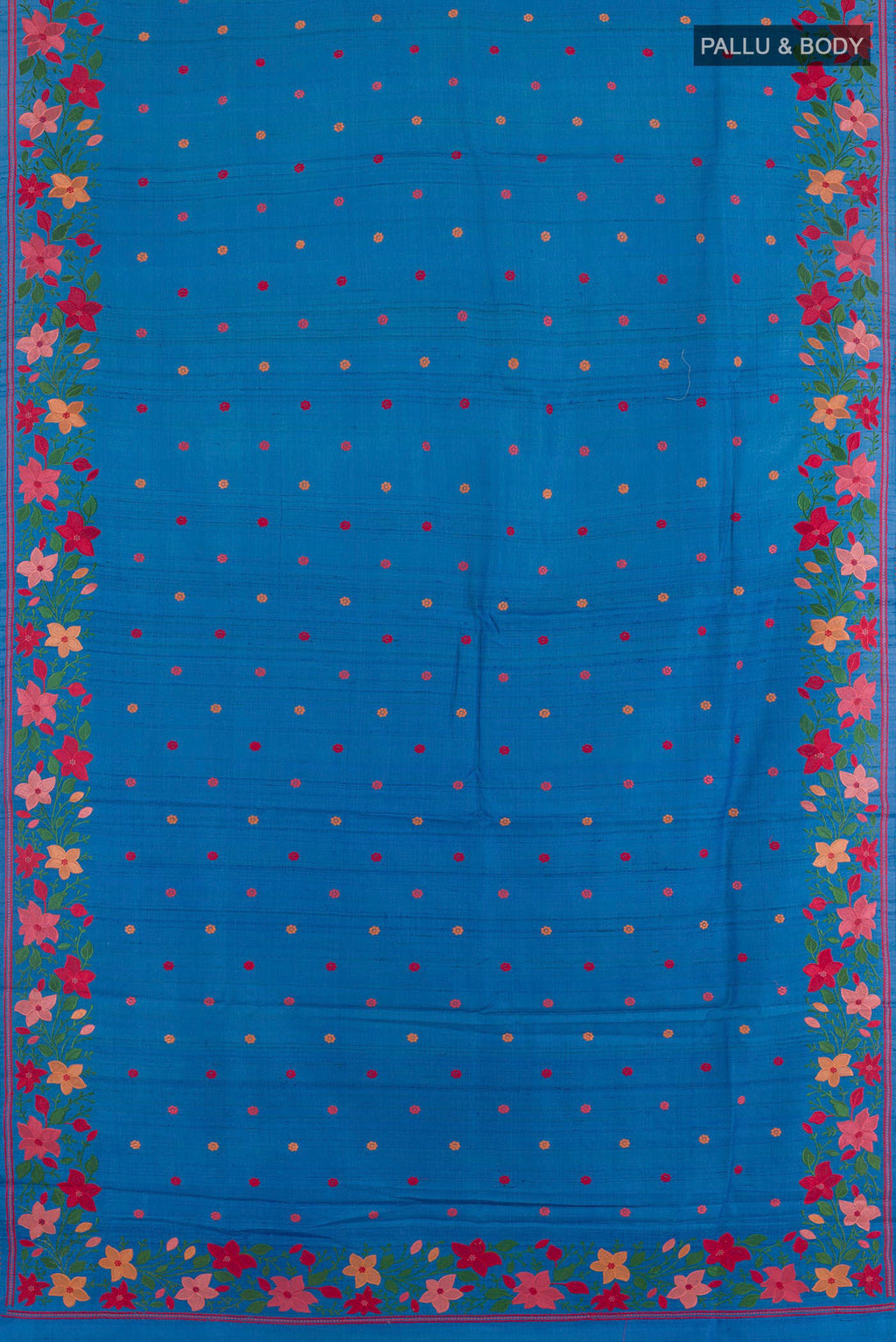Flat view of Blue Tussar Saree with Embroidery on the body and Embroidery Border. 