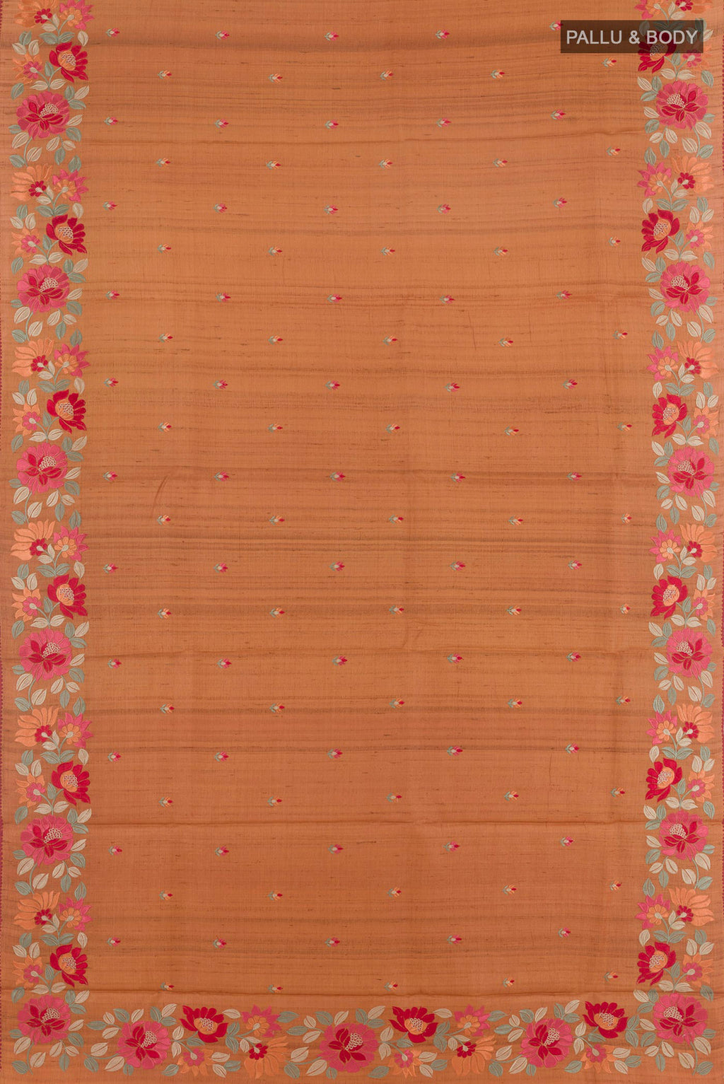 Flat view of Brick Orange Tussar Saree with Embroidery on the body and Embroidery Border. 