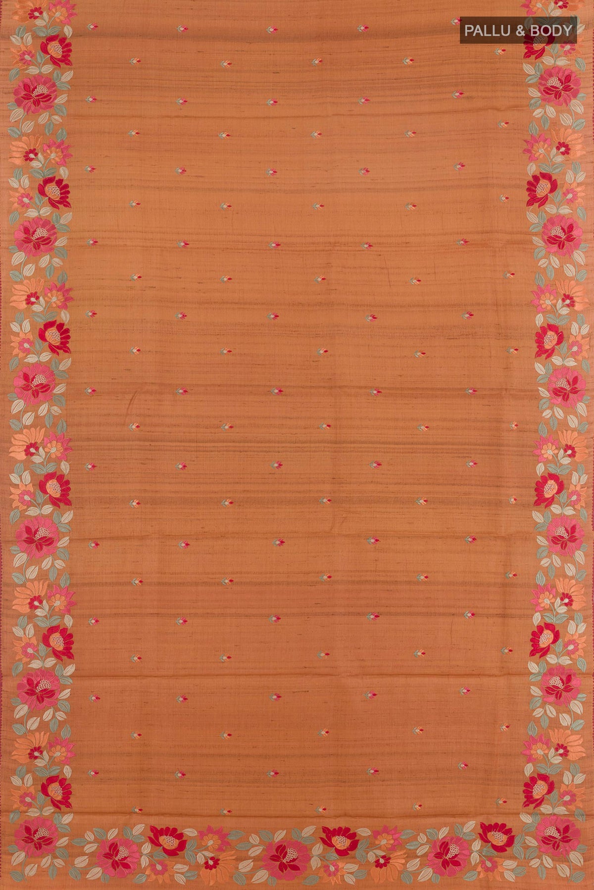 Flat view of Brick Orange Tussar Saree with Embroidery on the body and Embroidery Border. 