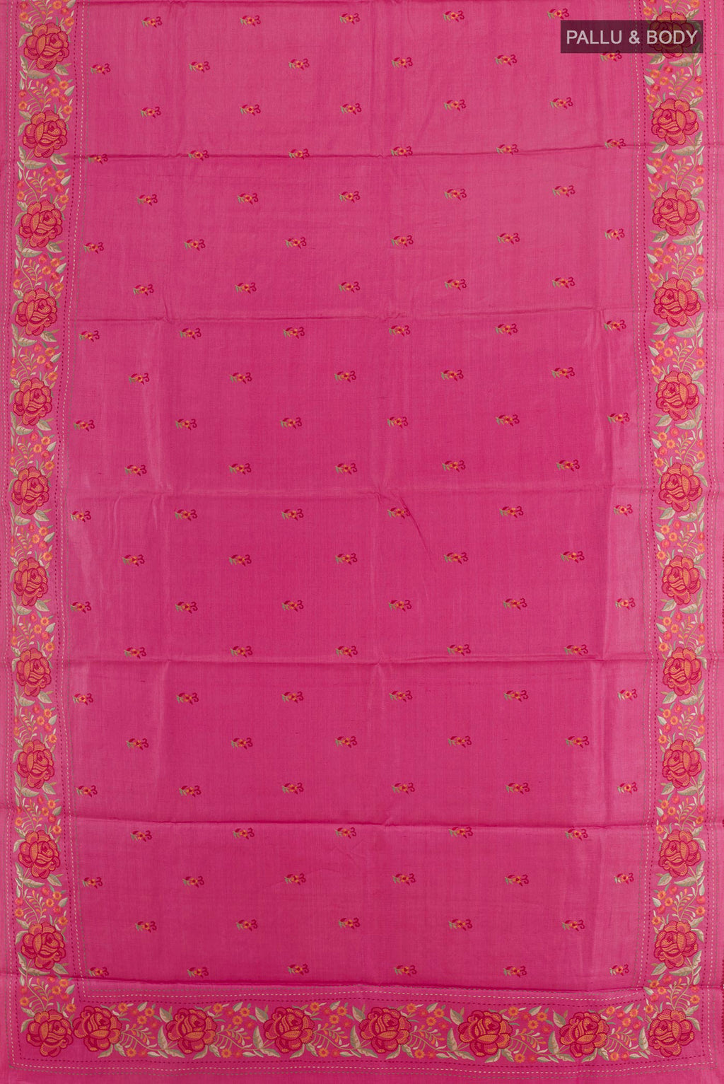 Flat view of Pink Tussar Saree with Embroidery on the body and Embroidery Border. 