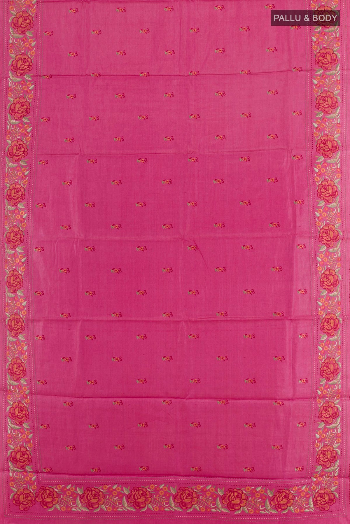 Flat view of Pink Tussar Saree with Embroidery on the body and Embroidery Border. 