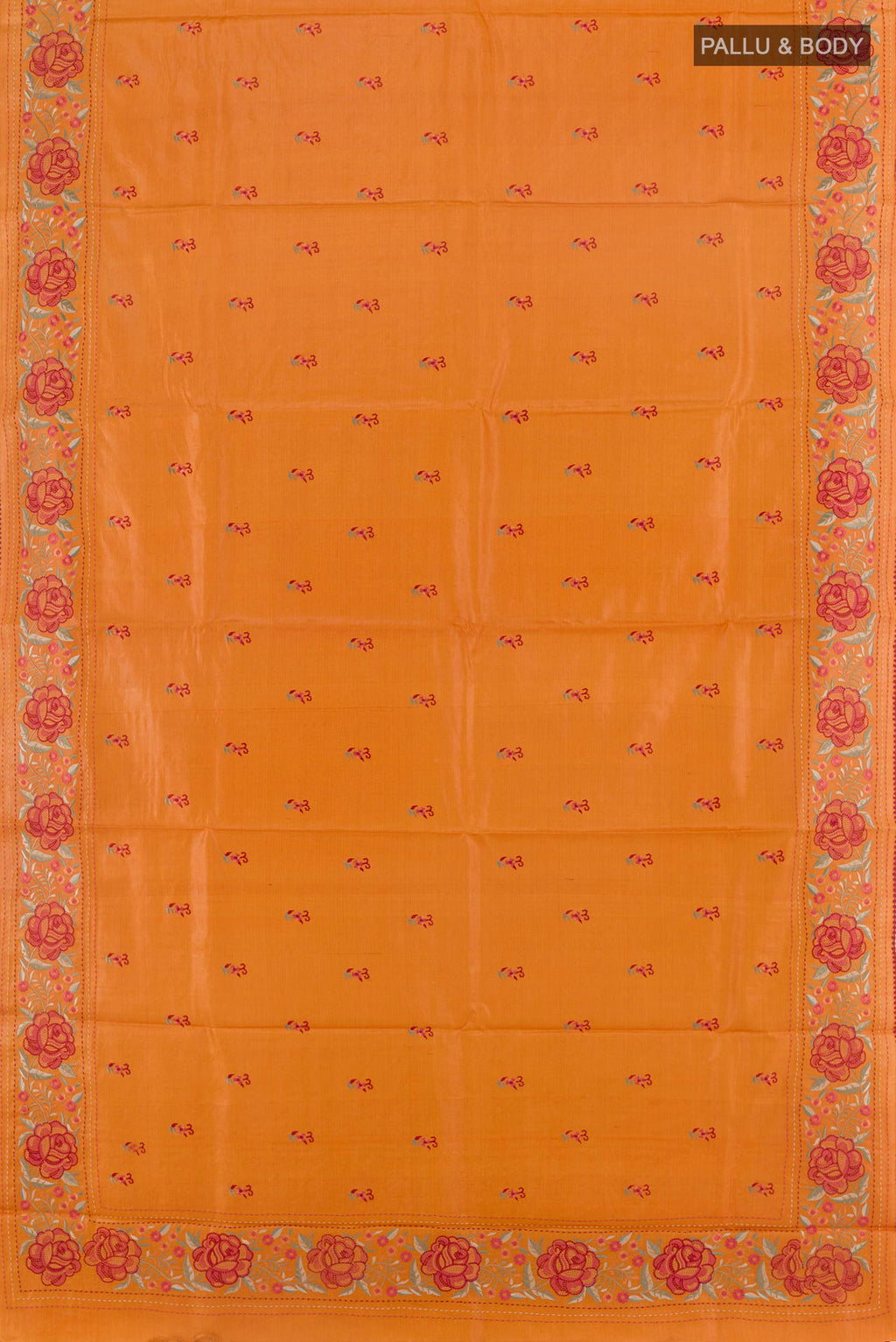 Flat view of Orange Tussar Saree with Embroidery on the body and Embroidery Border. 