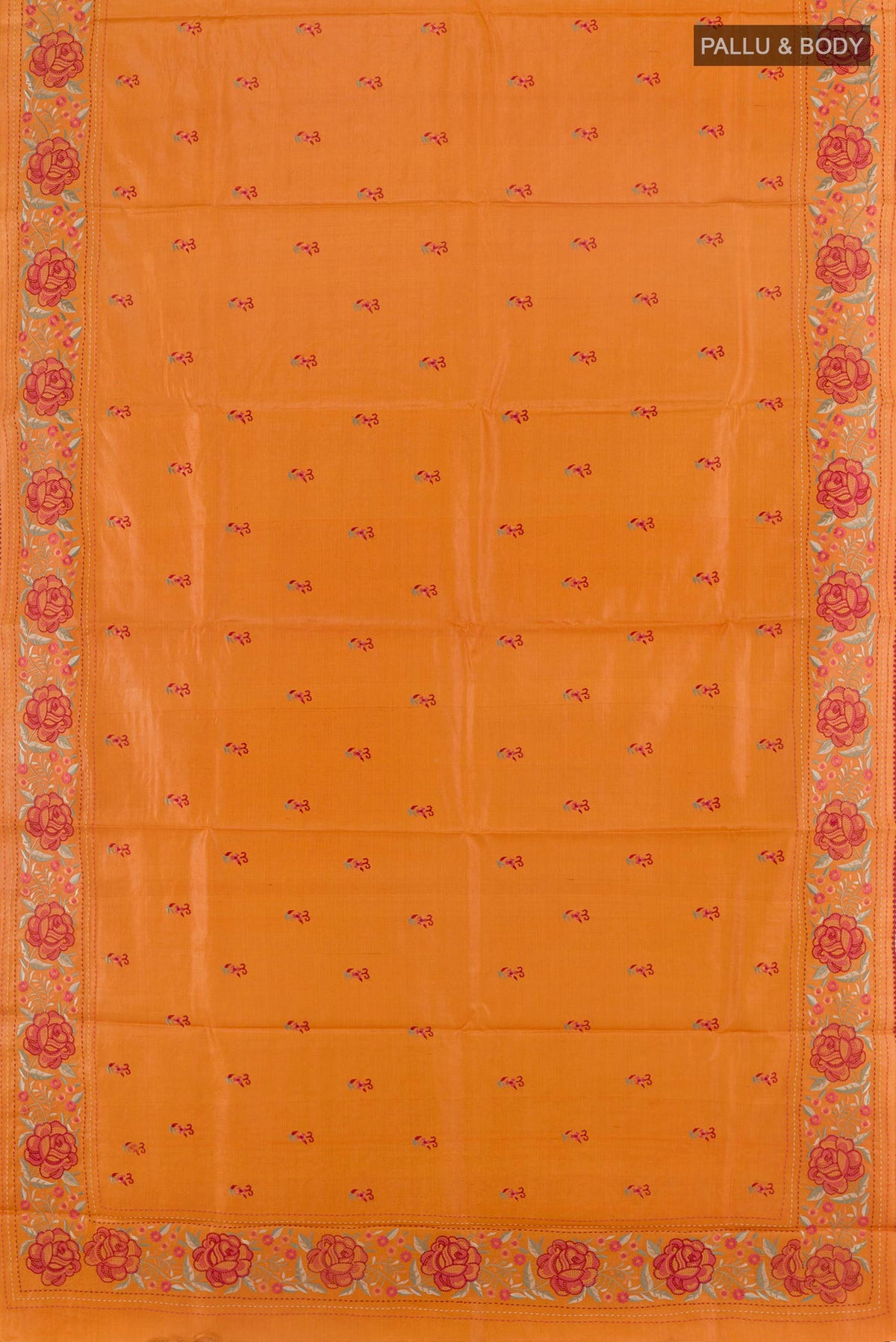 Flat view of Orange Tussar Saree with Embroidery on the body and Embroidery Border. 