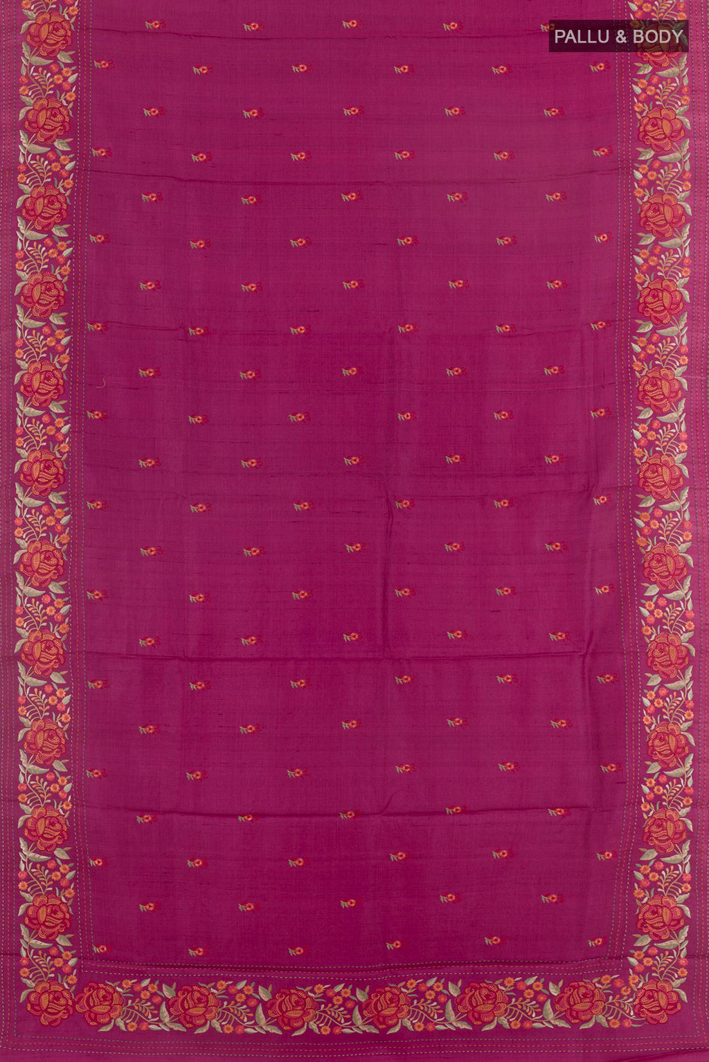 Flat view of Magenta Tussar Saree with Embroidery on the body and Embroidery Border. 