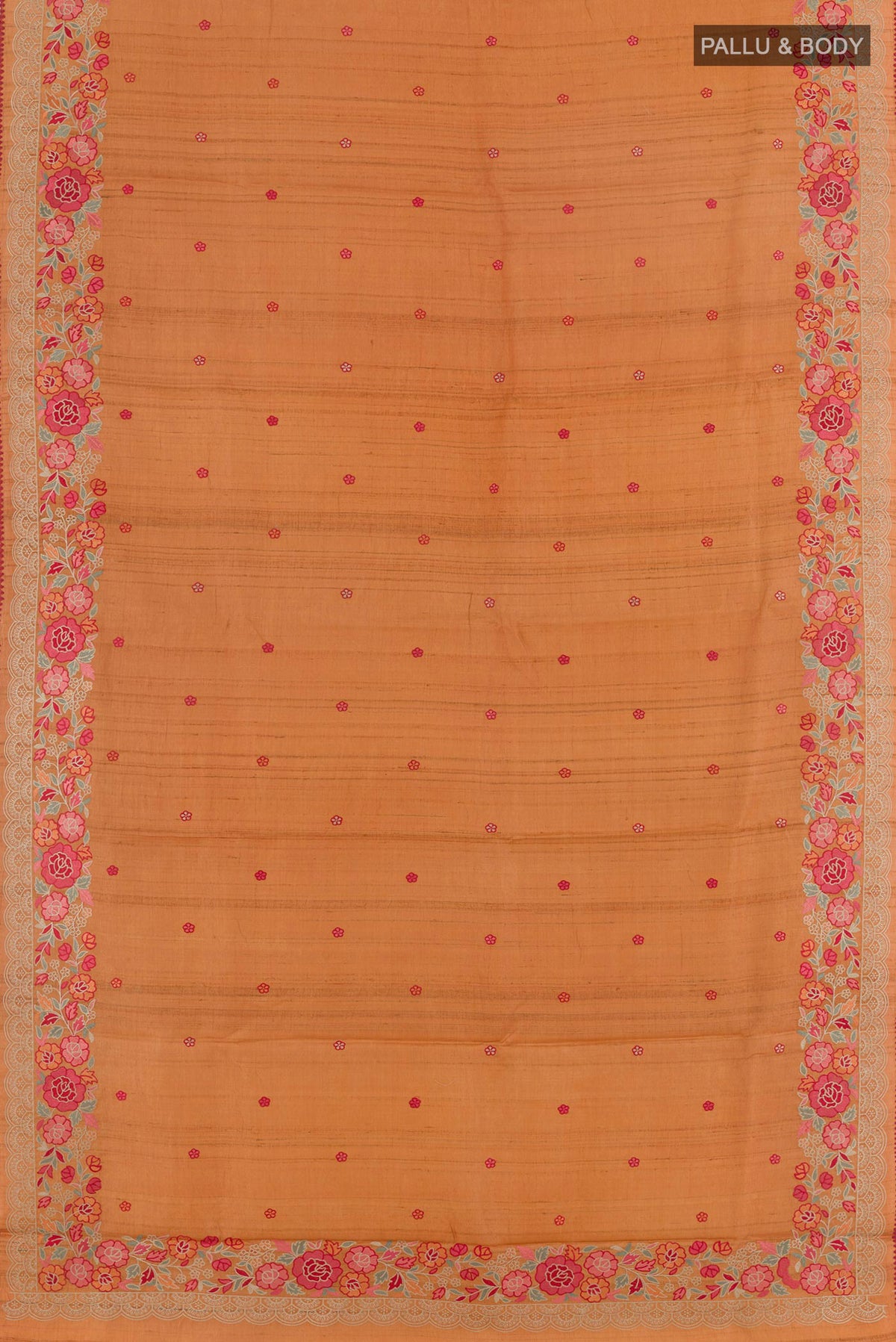 Flat view of Mustard Tussar Saree with Embroidery on the body and Embroidery Border. 