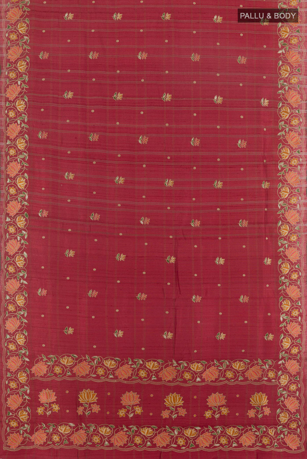 Flat view of Maroon Tussar Saree with Embroidery on the body and Embroidery Border. 